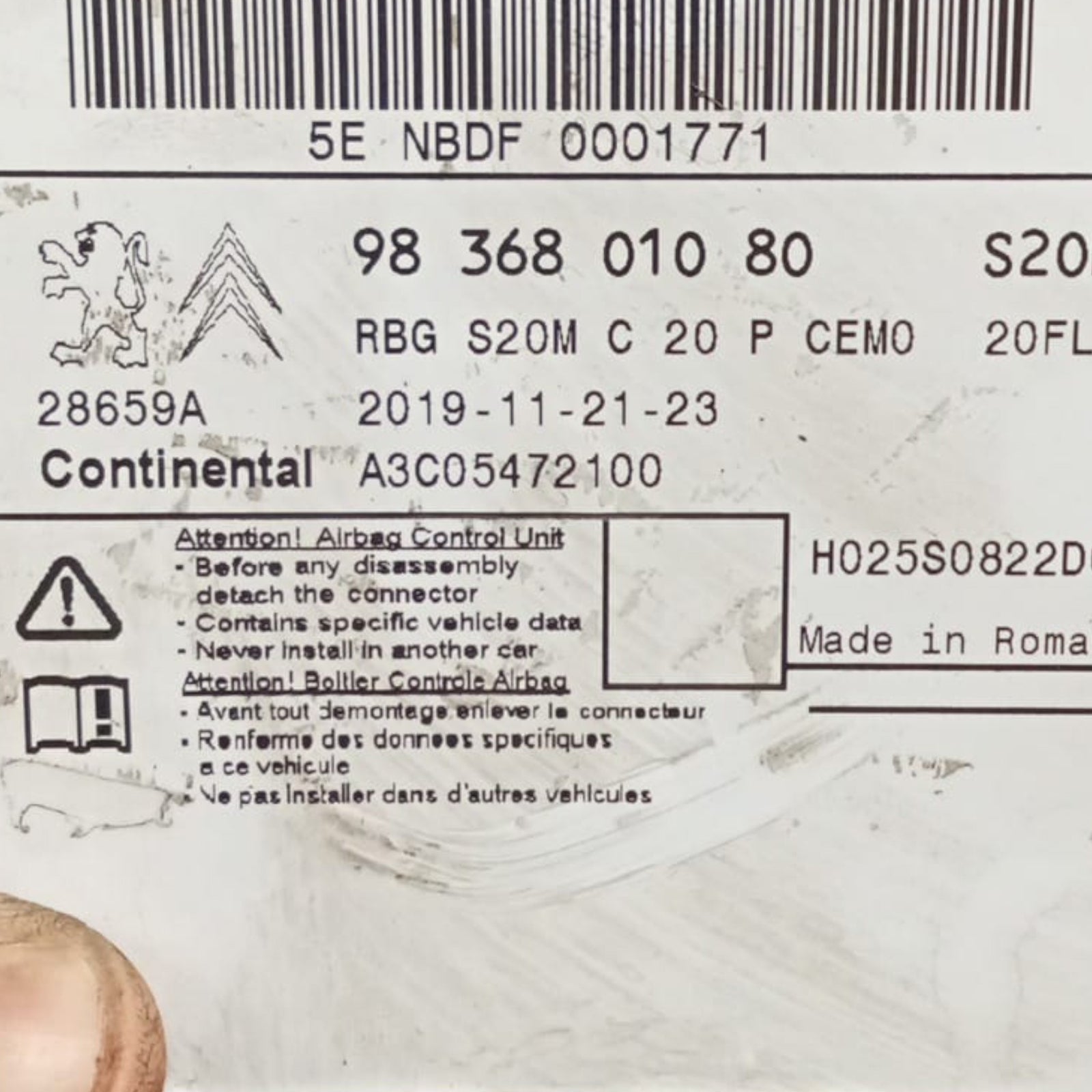 Central de l'airbag peugeot 508 II cod . 9836801080 (2018 >)