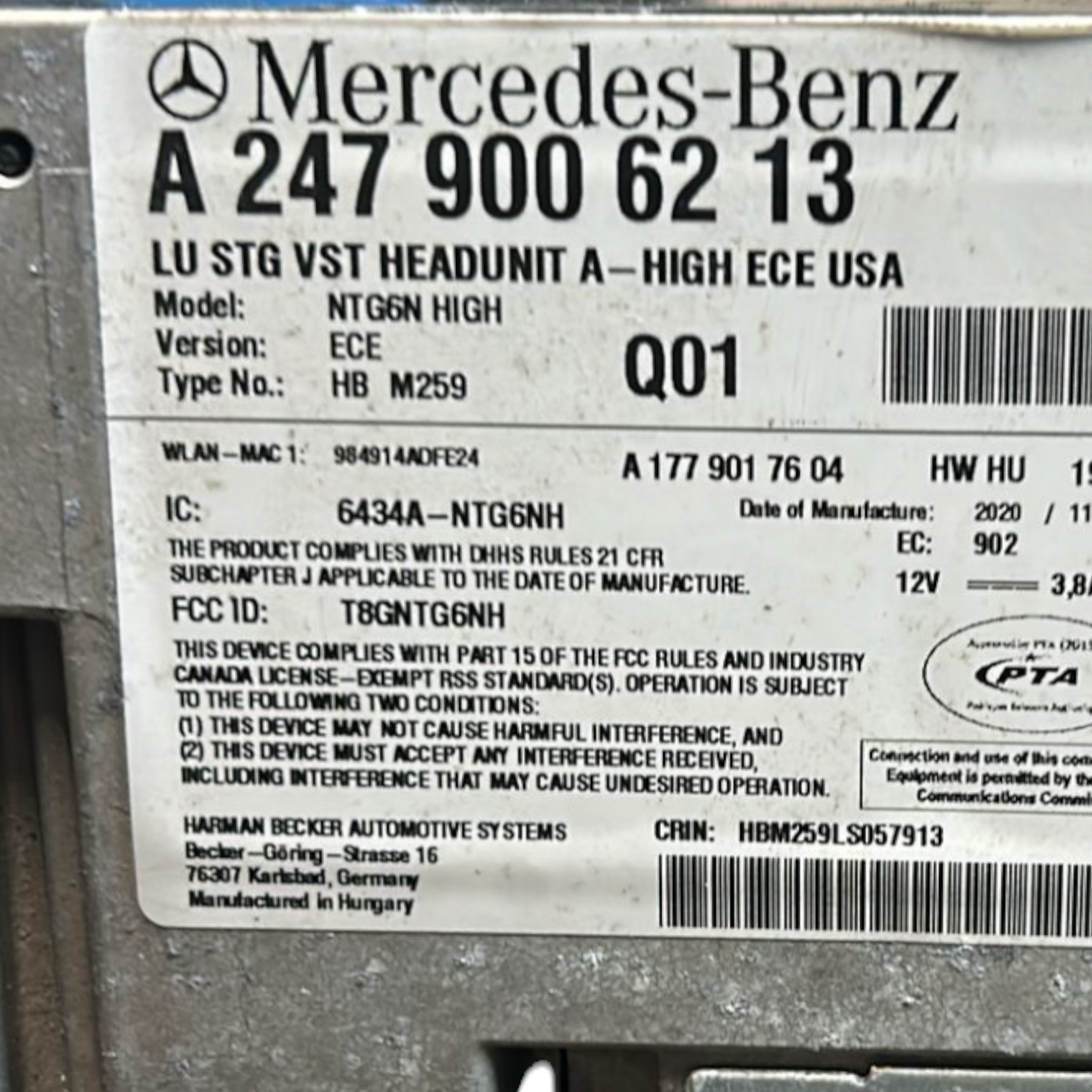 Stereo / Autoradio Mercedes B -Klasse W247 (2019>) Cod: A2479006213