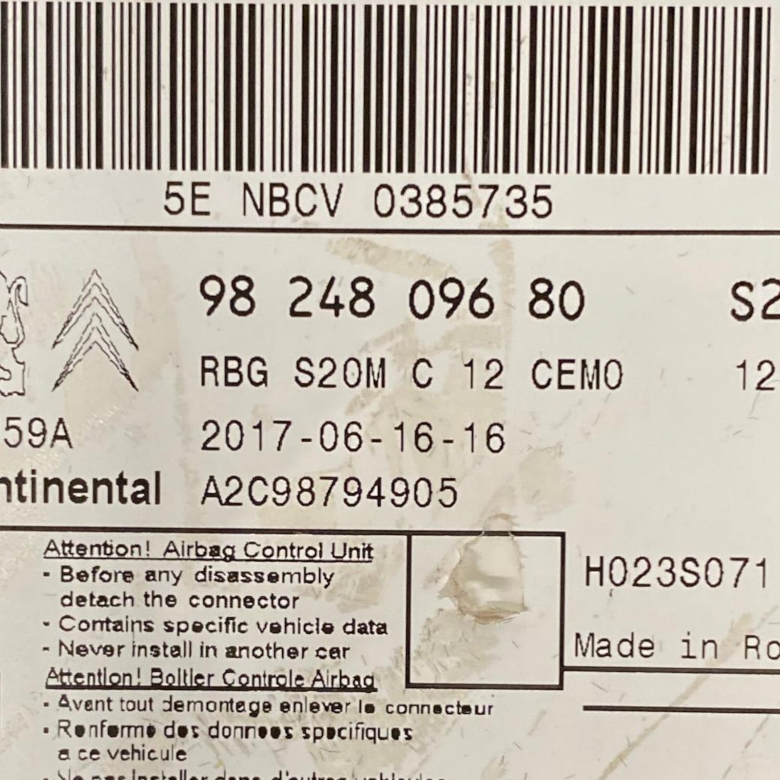 Citroen c3 iii krmilnik zračnih blazin (2016-) Koda: 9824809680