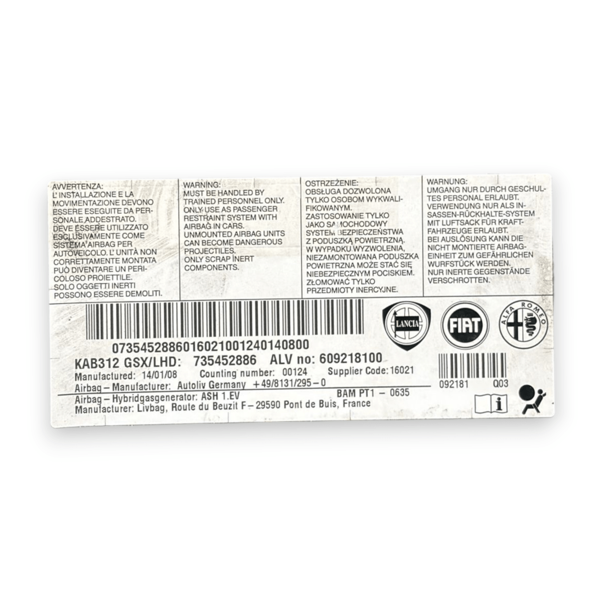 Airbag ginocchia fiat 500 cod:735452886 (2007 - ) - F&P CRASH SRL - Ricambi Usati
