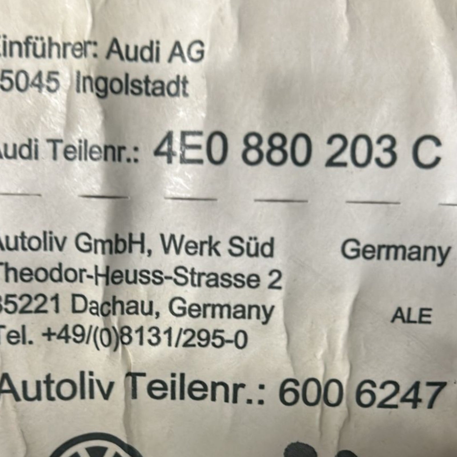 Airbag Passeggero Audi A8 D3 cod:4E0880203 (2002 > 2010) - F&P CRASH SRLS - Ricambi Usati