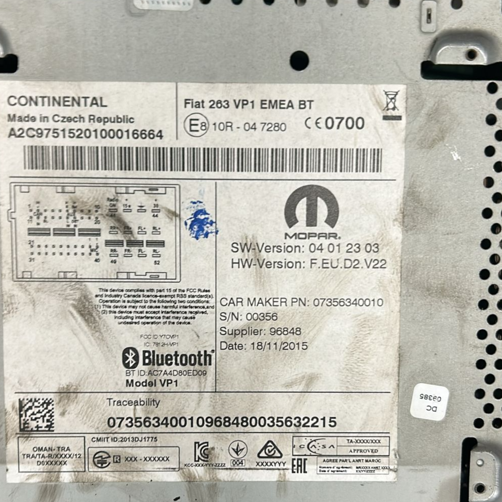 Stéréo / autoradio fiat doblo cod:07356340010 (2014 >)