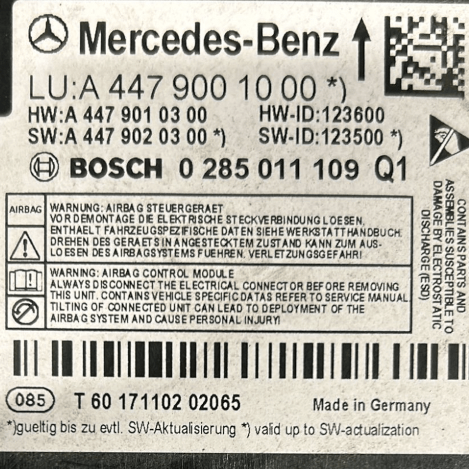 Centralina Airbag Mercedes Benz Vito cod:A4479001000 (2014 >) - F&P CRASH SRLS - Ricambi Usati