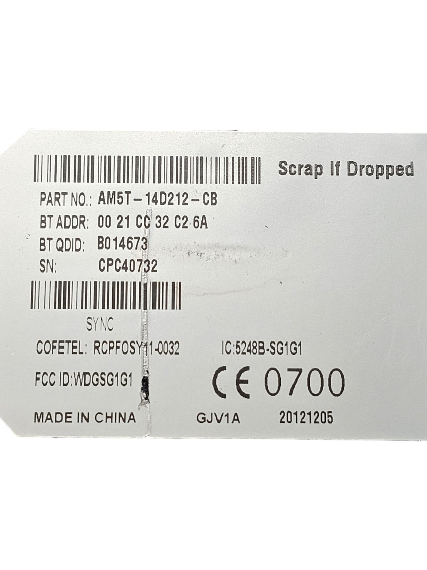 Centralina Bluetooth Ford B - Max Cod:AM5T - 14D212 - CB (2012 - 2018) - F&P CRASH SRLS - Ricambi Usati