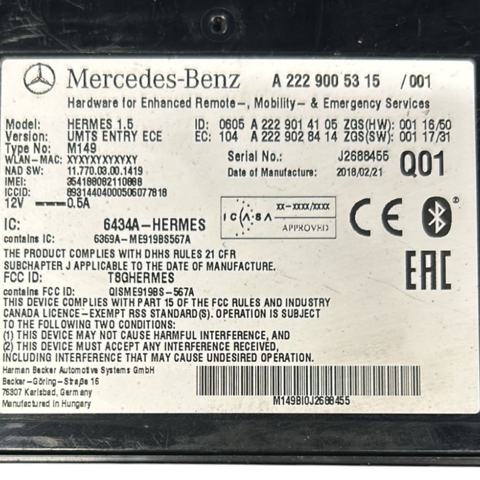 Centralina Bluetooth Mercedes Benz Classe B (W246) cod.A2229005315 (2011 > 2018) - F&P CRASH SRLS - Ricambi Usati