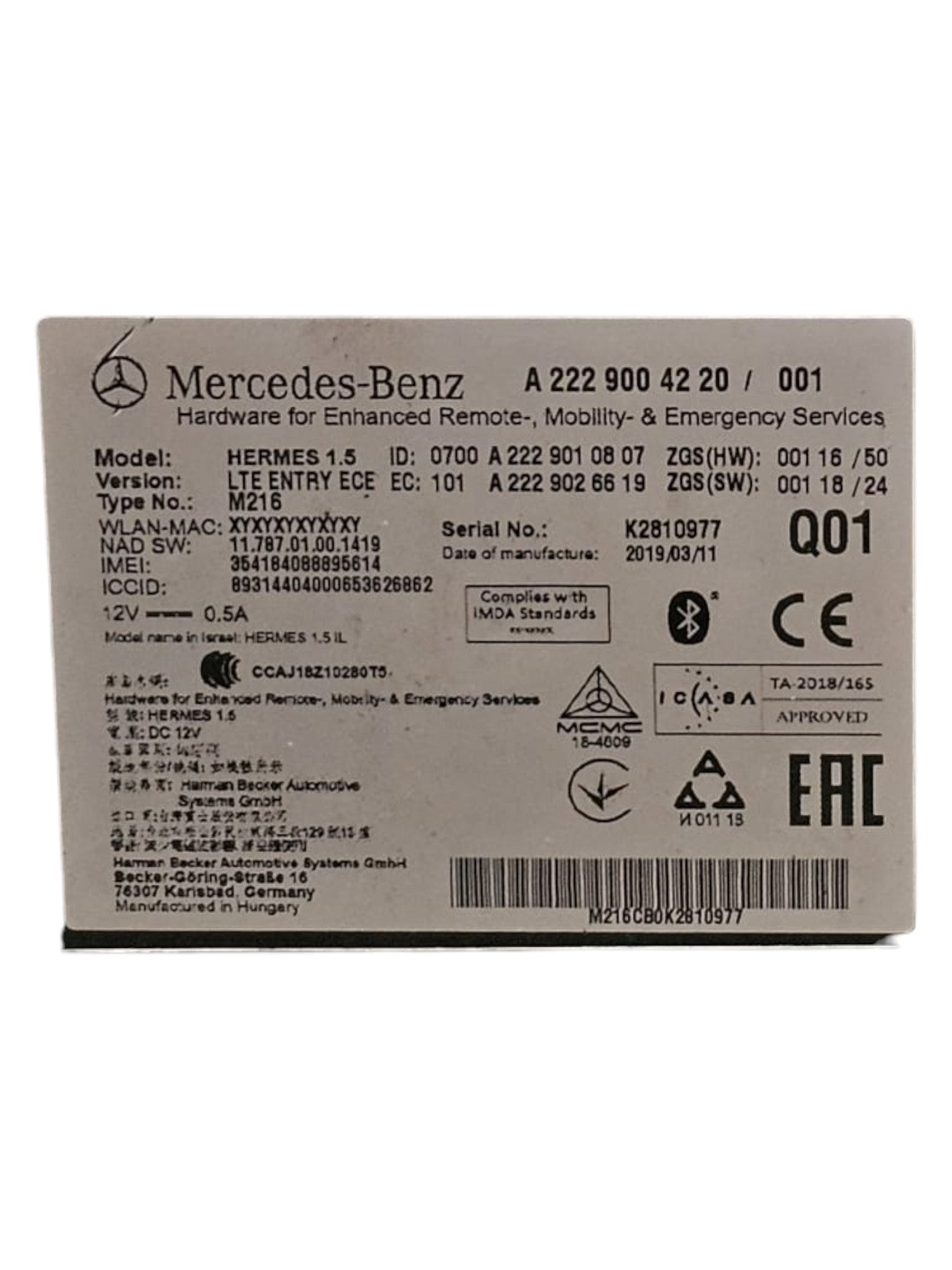 Centralina Bluetooth Mercedes GLA X156 Cod:A2229004220 (2013 - 2019) - F&P CRASH SRLS - Ricambi Usati