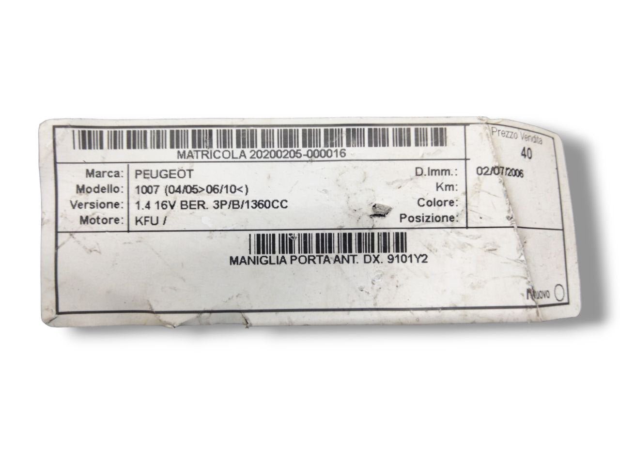 External handle front door right dx Peugeot 1007 (2005-2010) cod.9101Y2 - F&P CRASH SRLS - Used Spare Parts