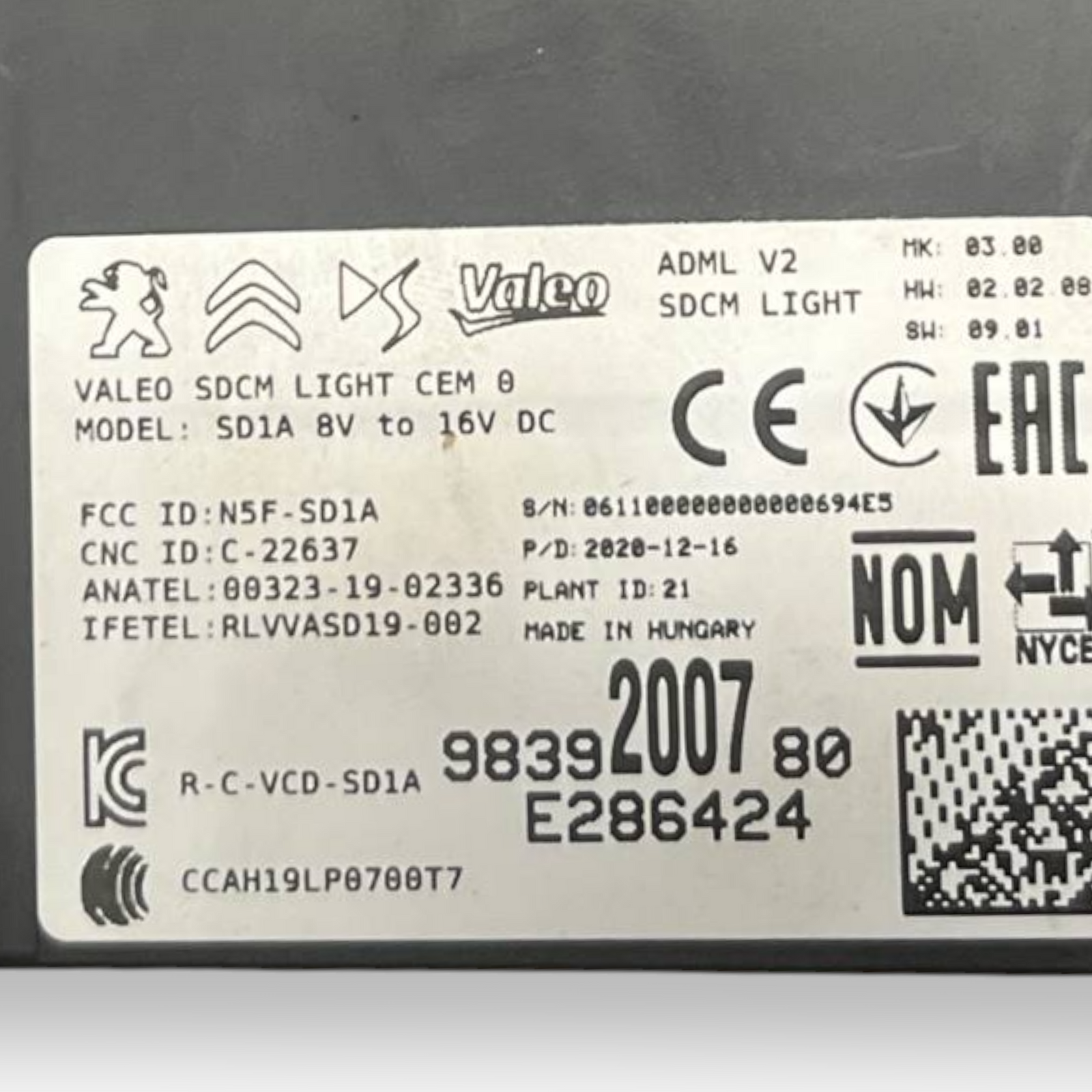 Opel Corsa F (2019 -) Lighting Control Unit -) Kabeljau: 9839200780