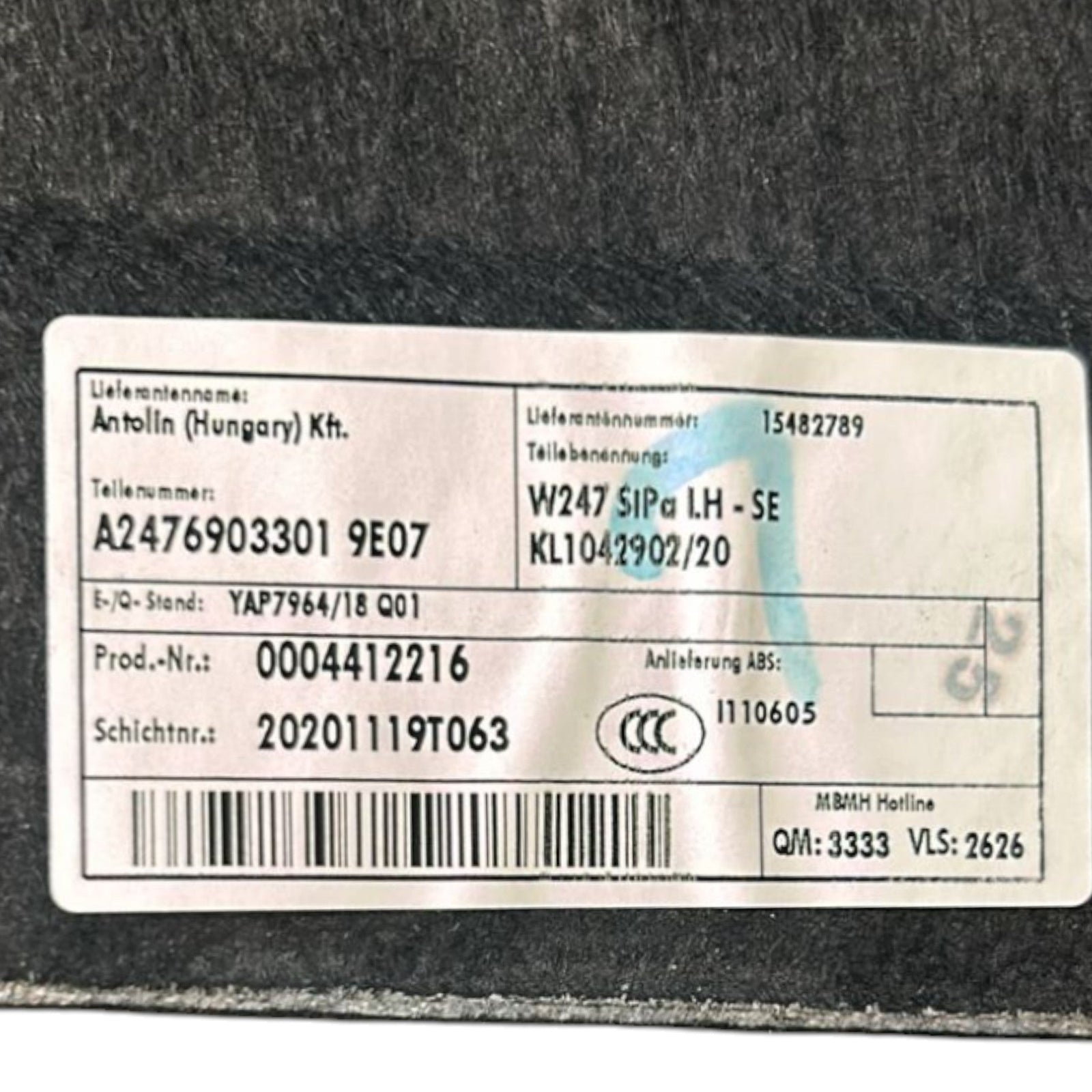 Left Trunk Lining Mercedes Benz Class B (W246) cod.A2476903301 (2019 > ) - F&P CRASH SRLS - Used Parts