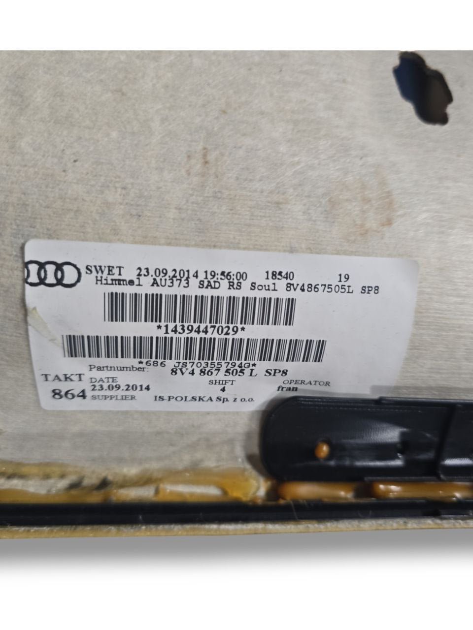 Sotto Tetto / Cielo Audi A3 8V (2012 - 2020) Cod : 8V4867505L - F&P CRASH SRLS - Ricambi Usati