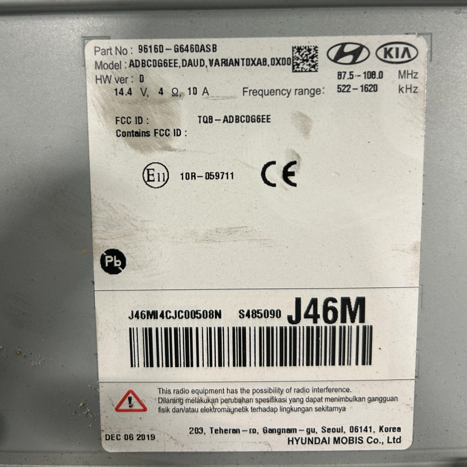 Stereo / avtoradio kia picanto kod:96160-G646DASB (2011 > 2017) 