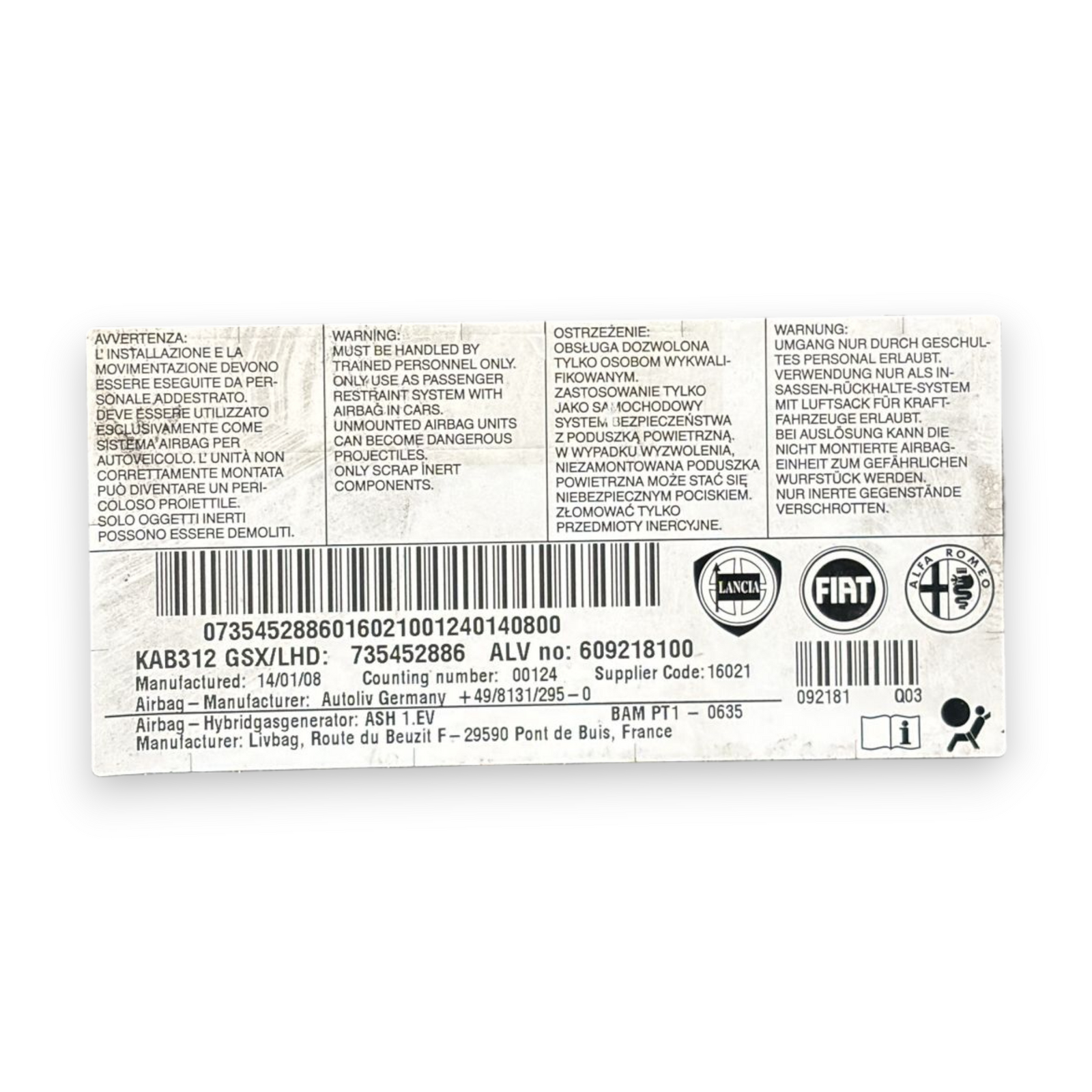 Zračni jastuk za koljena fiat 500 kod:735452886 (2007-) 