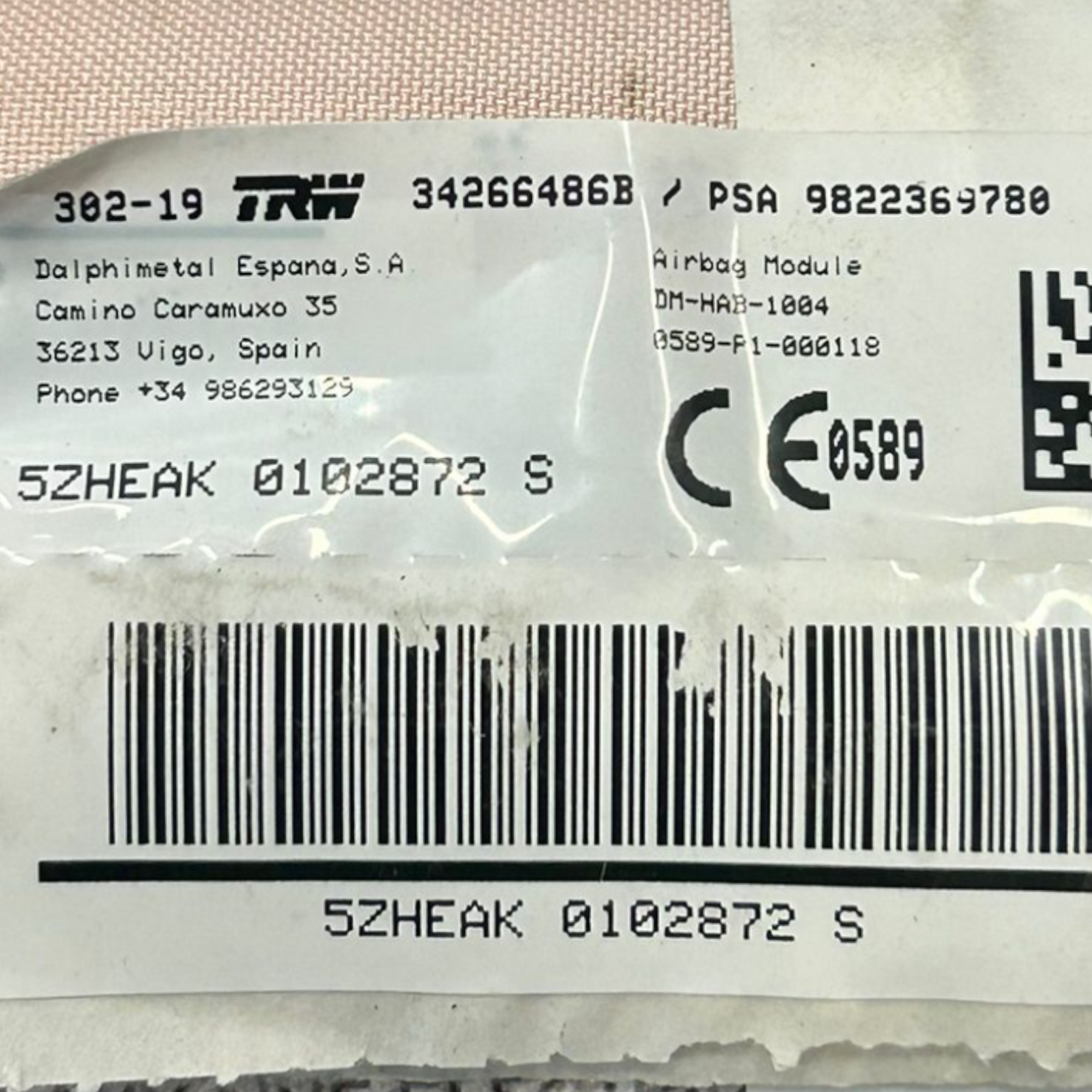 Airbag de toit avant gauche citroën c5 aircross cod:9822369780 (2017 > 2025) 