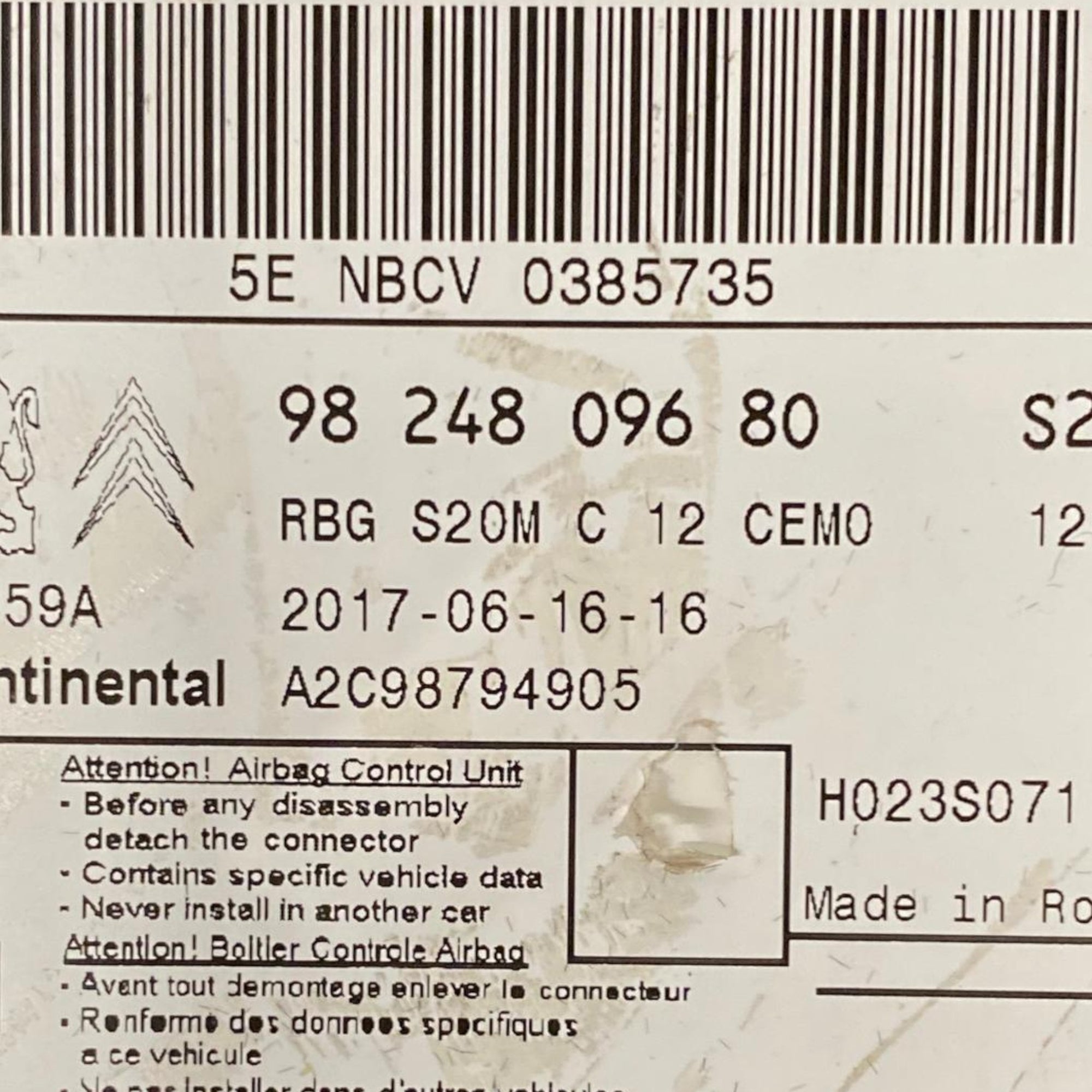 Citroen c3 iii krmilnik zračnih blazin (2016-) Koda: 9824809680