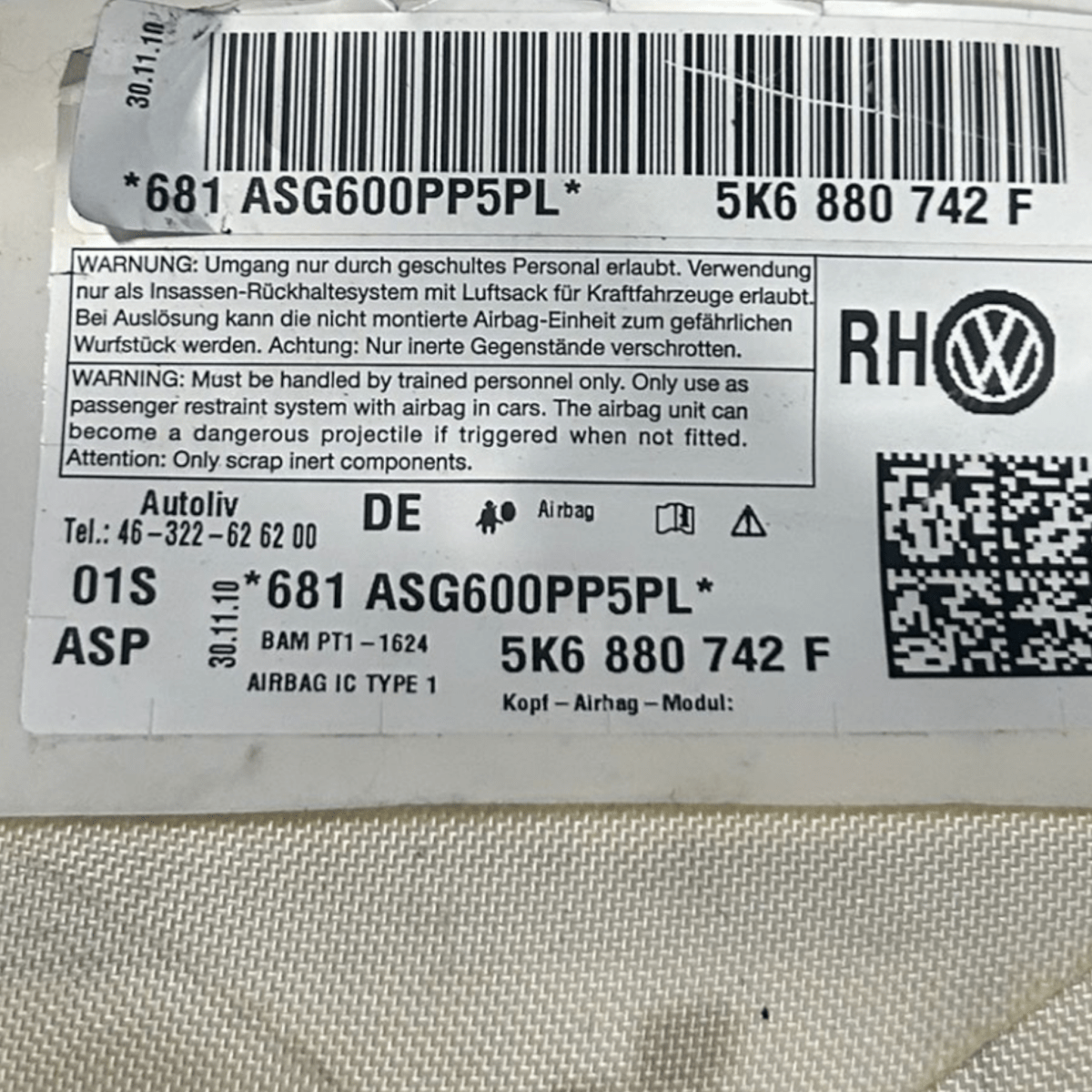 Airbag a tendina anteriore destro volkswagen golf VI cod:5K6880742F (2008 > 2012) - F&P CRASH SRLS - Ricambi Usati