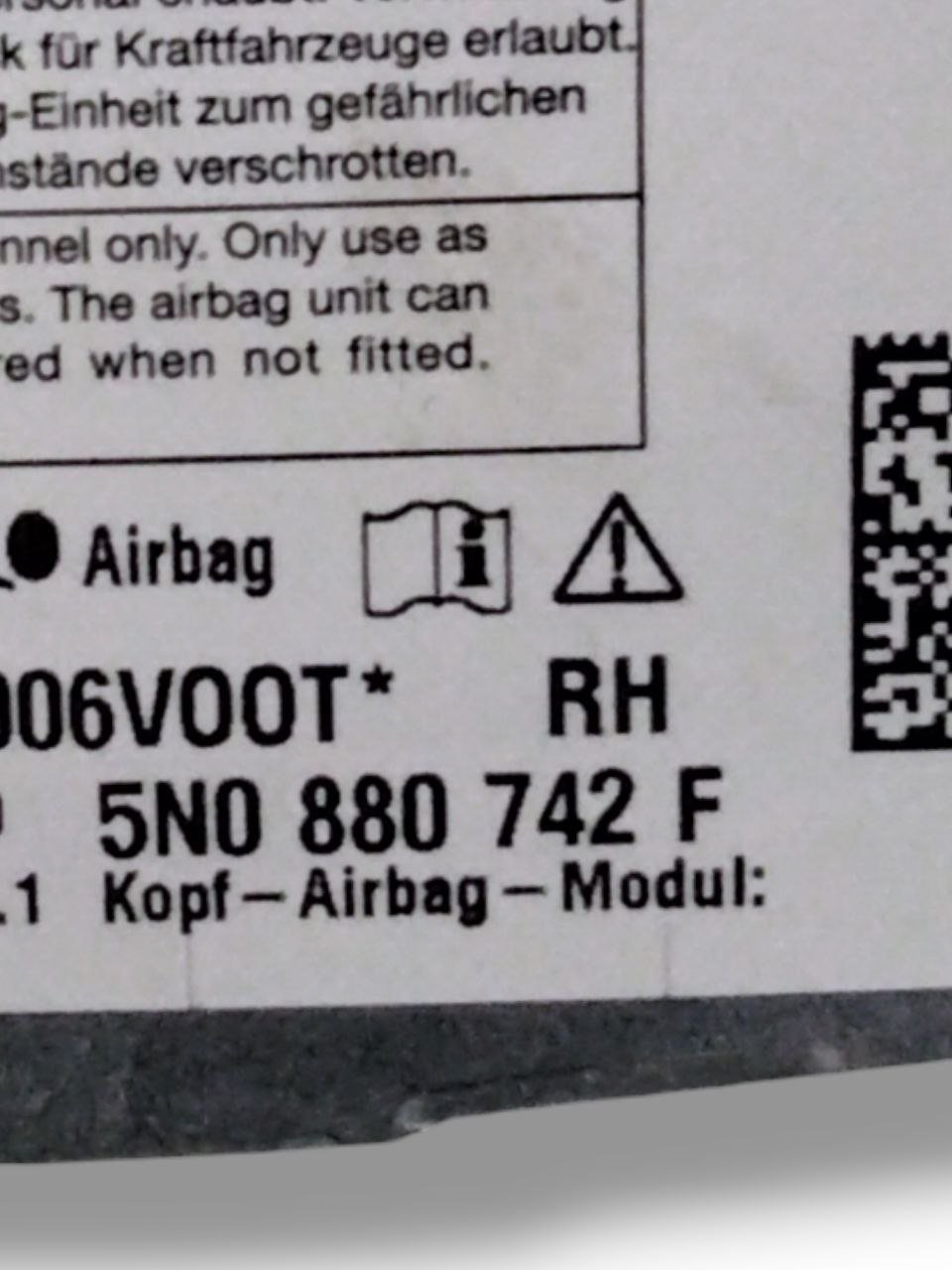 Airbag a Tendina destro Volkswagen Tiguan 5N COD:5N0880742F (2007 - 2016) - F&P CRASH SRLS - Ricambi Usati
