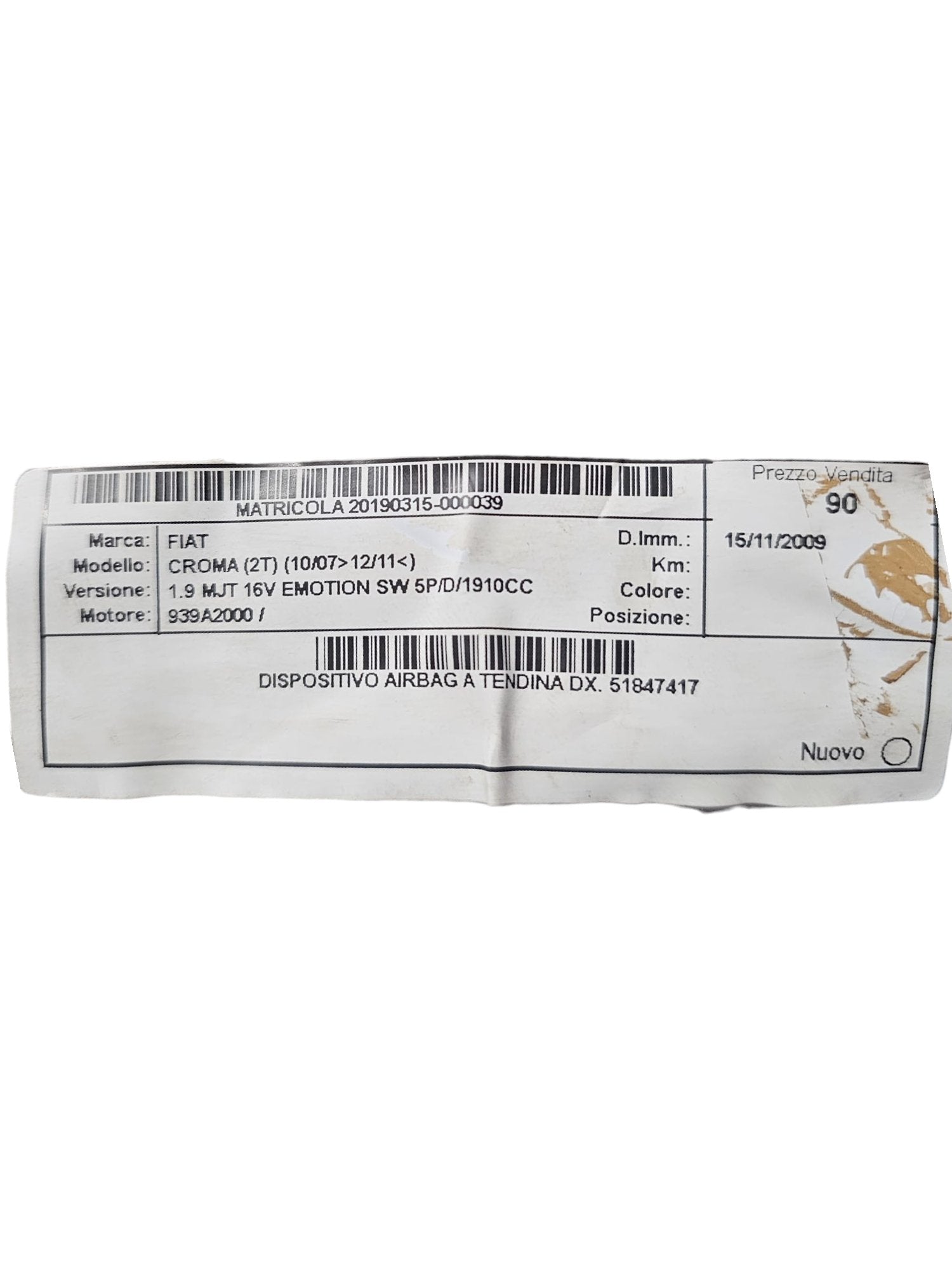 Airbag a Tendina Laterale Destro Fiat Croma (2005 - 2010) Cod:51847417 - F&P CRASH SRLS - Ricambi Usati