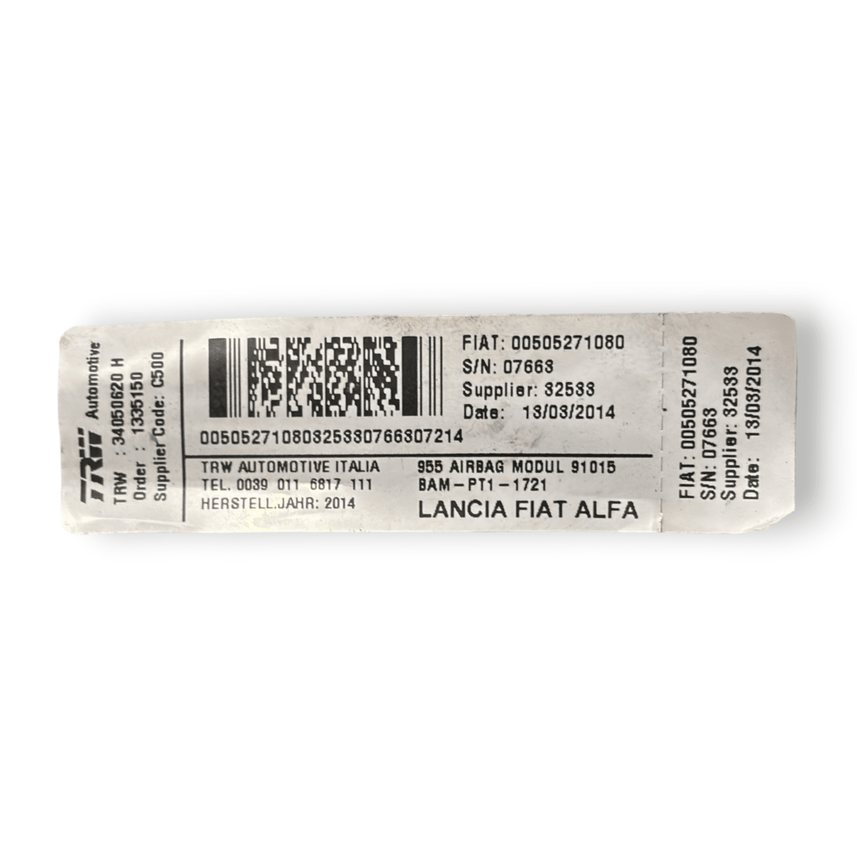 Airbag a tendina laterale sinistro (sx) alfa romeo mito cod:00505271080 (2008 - 2020) - F&P CRASH SRL - Ricambi Usati