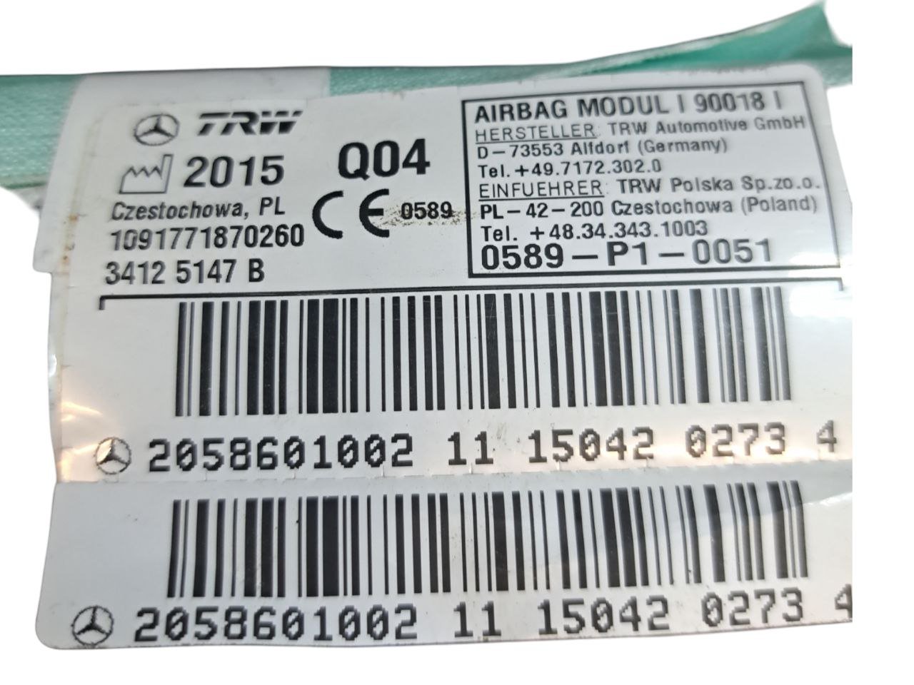 Airbag A Tendina Laterale Sinistro (Sx) Mercedes-Benz Classe C W205 ( 2014 - 2021 ) COD:2058601002 - F&P CRASH SRLS - Ricambi Usati