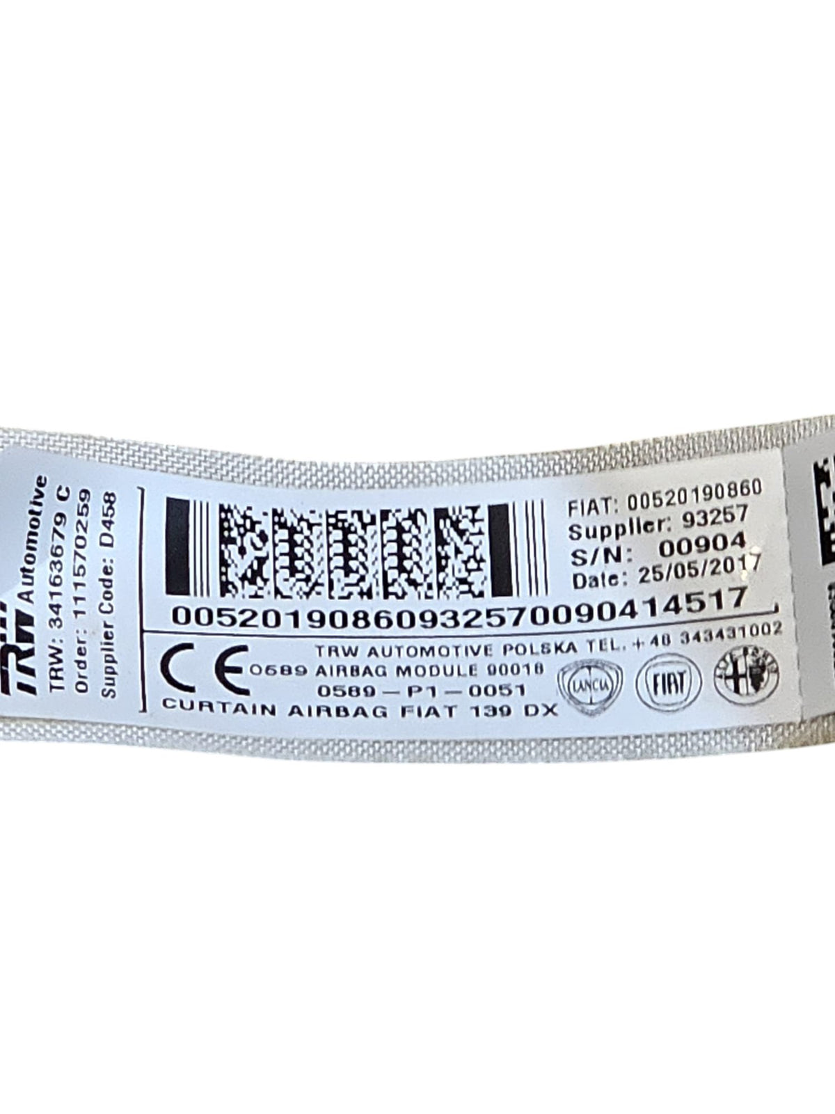 Airbag a Tendina Lato Destro Fiat Panda 319 Cod:00520190860 (2012 - >) - F&P CRASH SRLS - Ricambi Usati