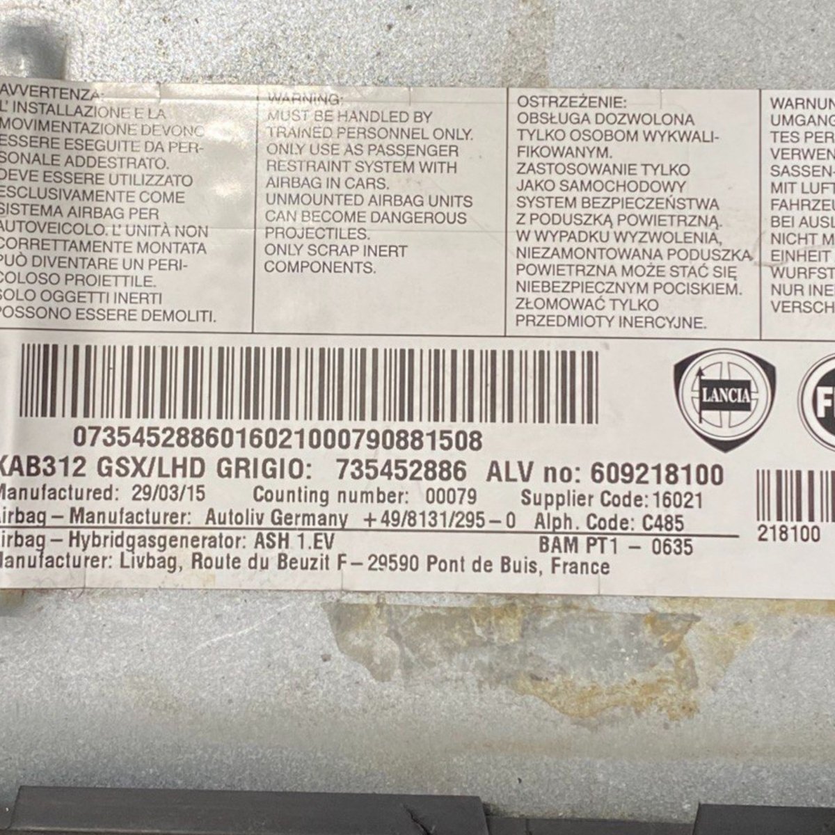 Airbag ginocchia fiat 500 Cod: 609218100 (2007 - 2015) - F&P CRASH SRLS - Ricambi Usati