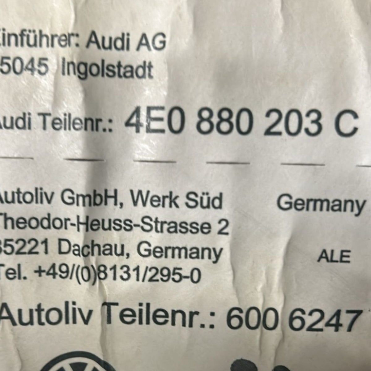 Airbag Passeggero Audi A8 D3 cod:4E0880203 (2002 > 2010) - F&P CRASH SRLS - Ricambi Usati