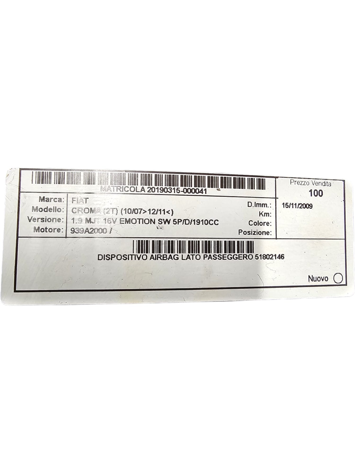 Airbag Passeggero Fiat Croma (2005 - 2010) Cod:51802146 - F&P CRASH SRLS - Ricambi Usati