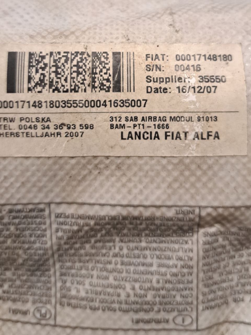 Airbag sedile destro Fiat 500 (2007 - 2014) COD:00017148180 - F&P CRASH SRLS - Ricambi Usati