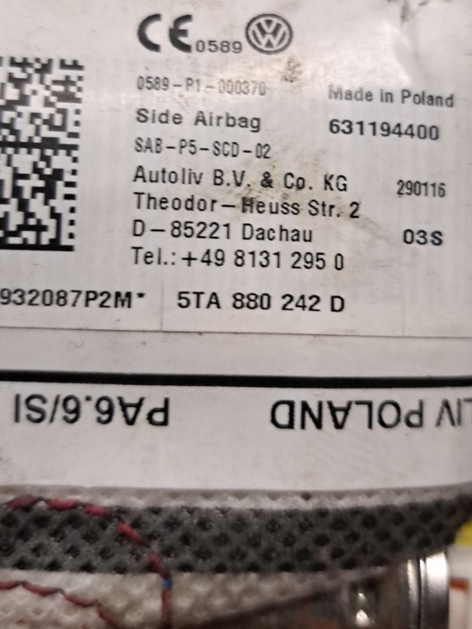 Airbag Sedile Destro Volkswagen Touran COD:5TA880242D (2007 - 2015) - F&P CRASH SRLS - Ricambi Usati