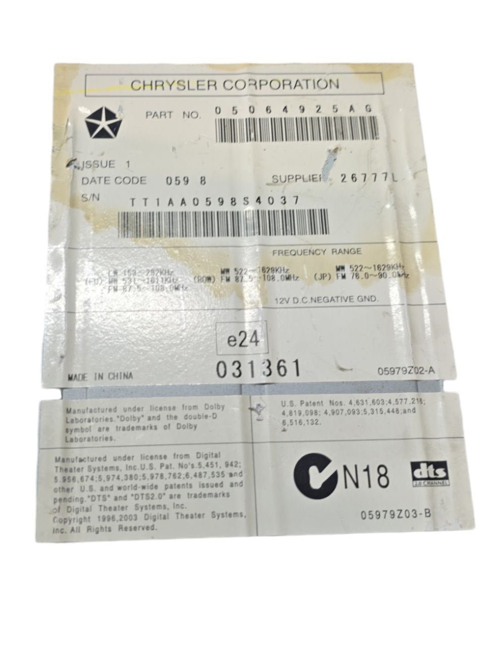 Autoradio / Stereo CHRYSLER GRAND VOYAGER V ( 2010 ) Cod : 26777L - F&P CRASH SRLS - Ricambi Usati