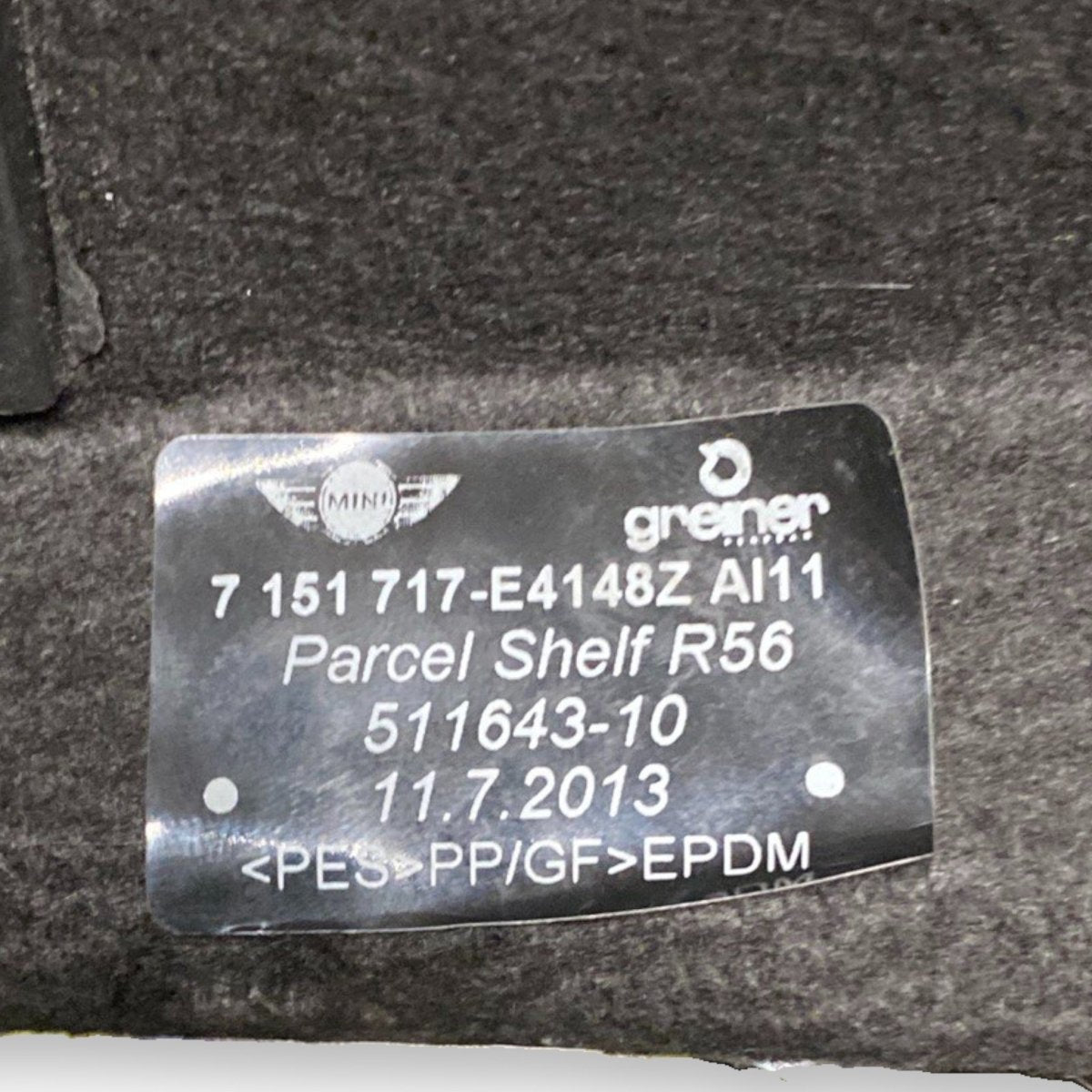 Cappelliera mini cooper r56 Cod: 511643 - 10 (2007 - 2014) - F&P CRASH SRLS - Ricambi Usati