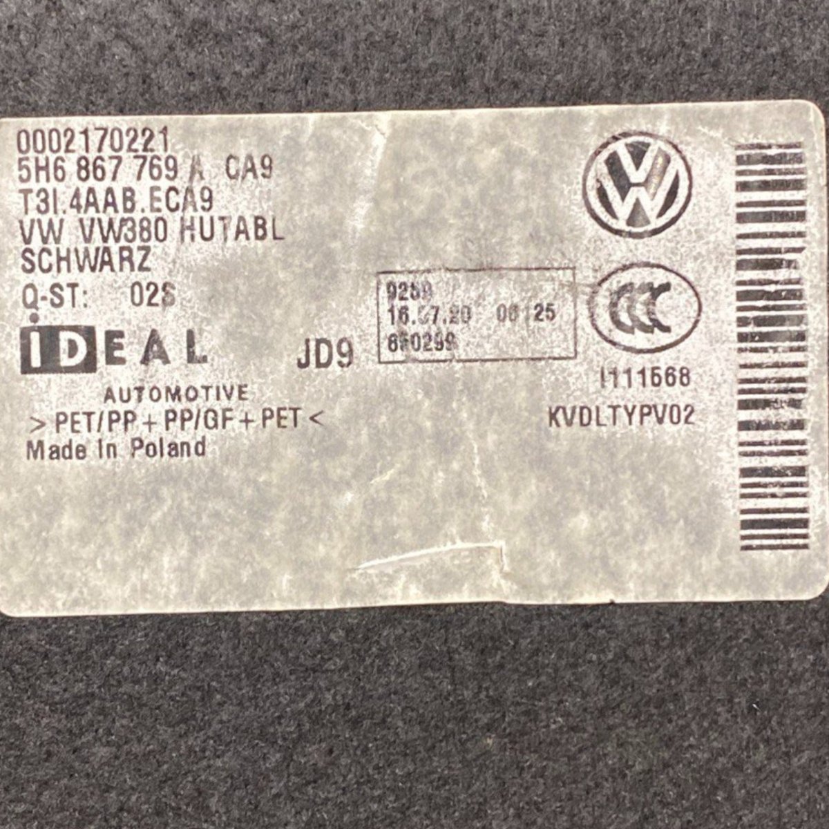 Cappelliera / ripiano bagagliaio volkswagen golf viii Cod: 5h6867769a (2019 - ) - F&P CRASH SRLS - Ricambi Usati