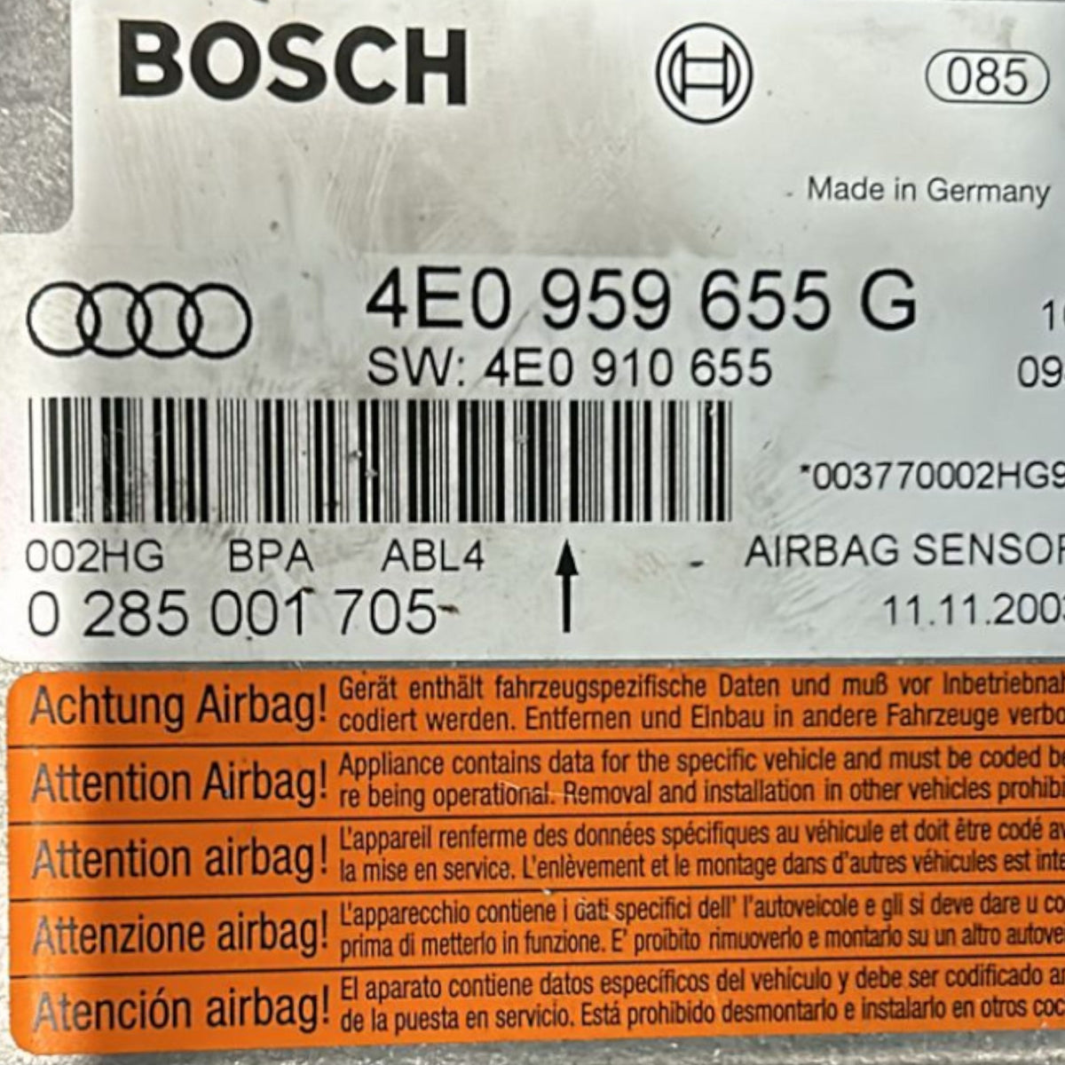 Centralina Airbag Audi A8 D3 cod:4E0959655 (2002 > 2010) - F&P CRASH SRLS - Ricambi Usati