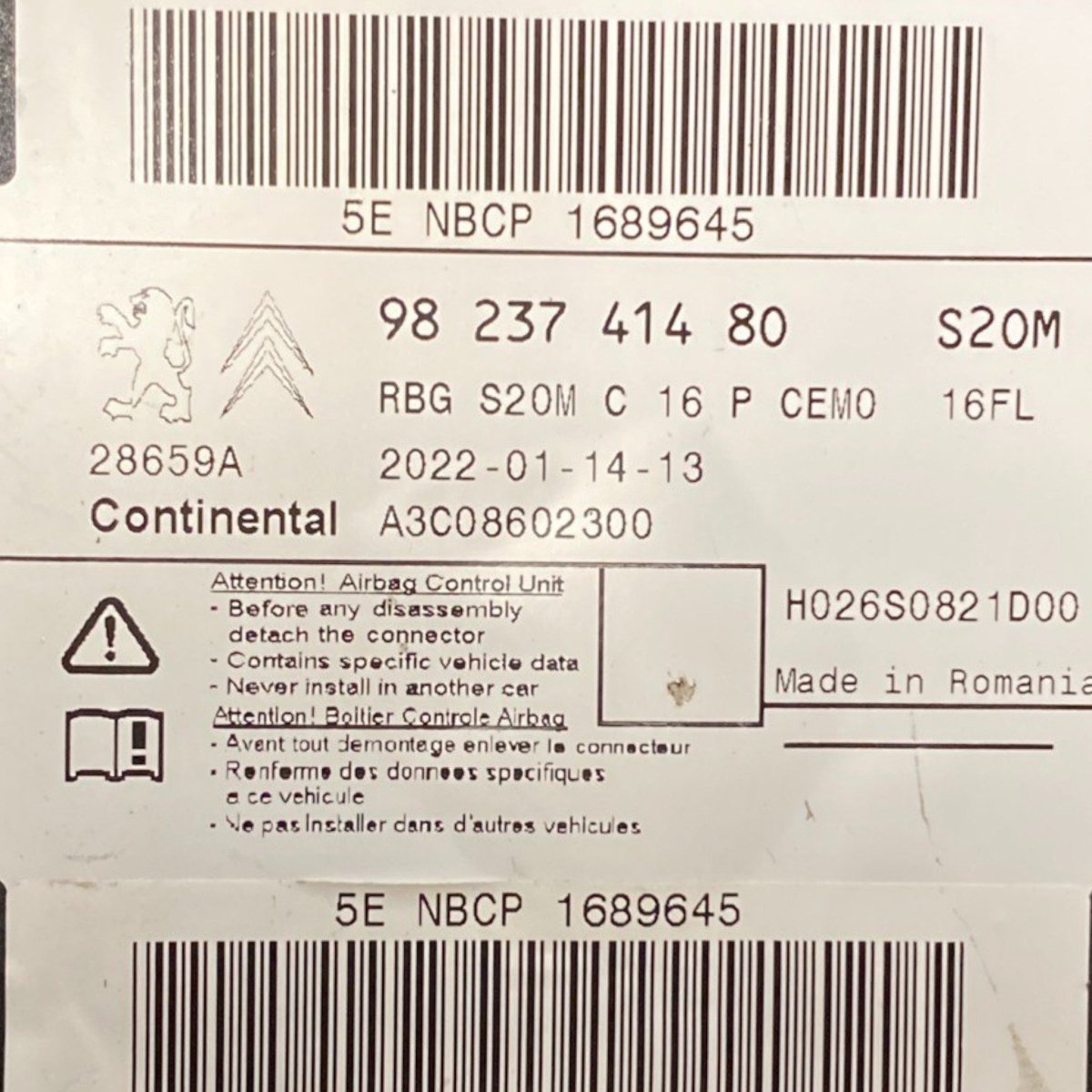 Centralina airbag citroen berlingo Cod: 9823741480 (2018 - ) - F&P CRASH SRLS - Ricambi Usati