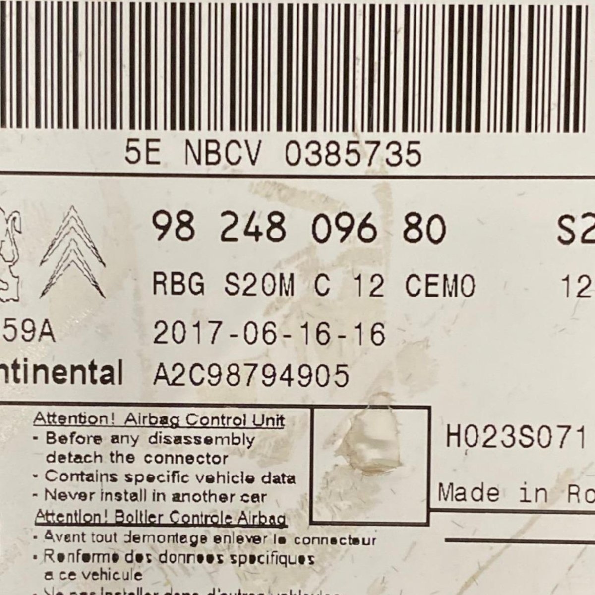 Centralina airbag citroen c3 iii (2016 - ) Cod: 9824809680 - F&P CRASH SRL - Ricambi Usati