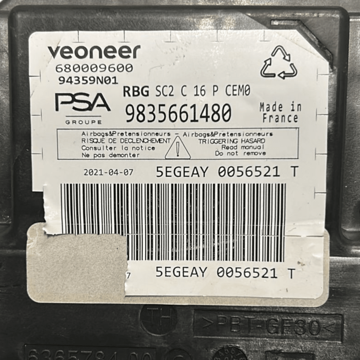 Centralina airbag citroen c4 cod:9835661480 (2020 >) - F&P CRASH SRL - Ricambi Usati