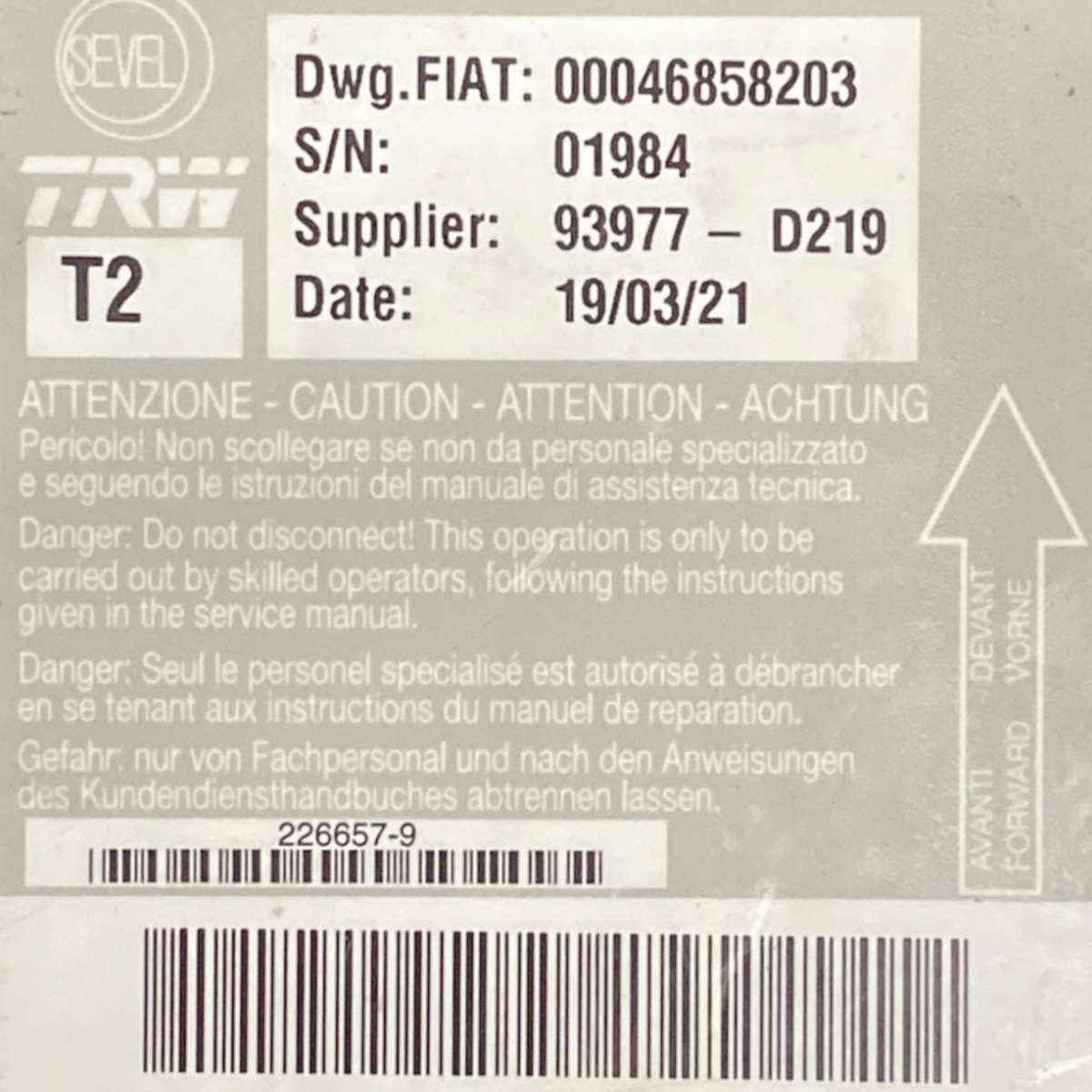 centralina airbag fiat ducato III 2.2 diesel cod:00046858203 (2014 - ) - F&P CRASH SRLS - Ricambi Usati
