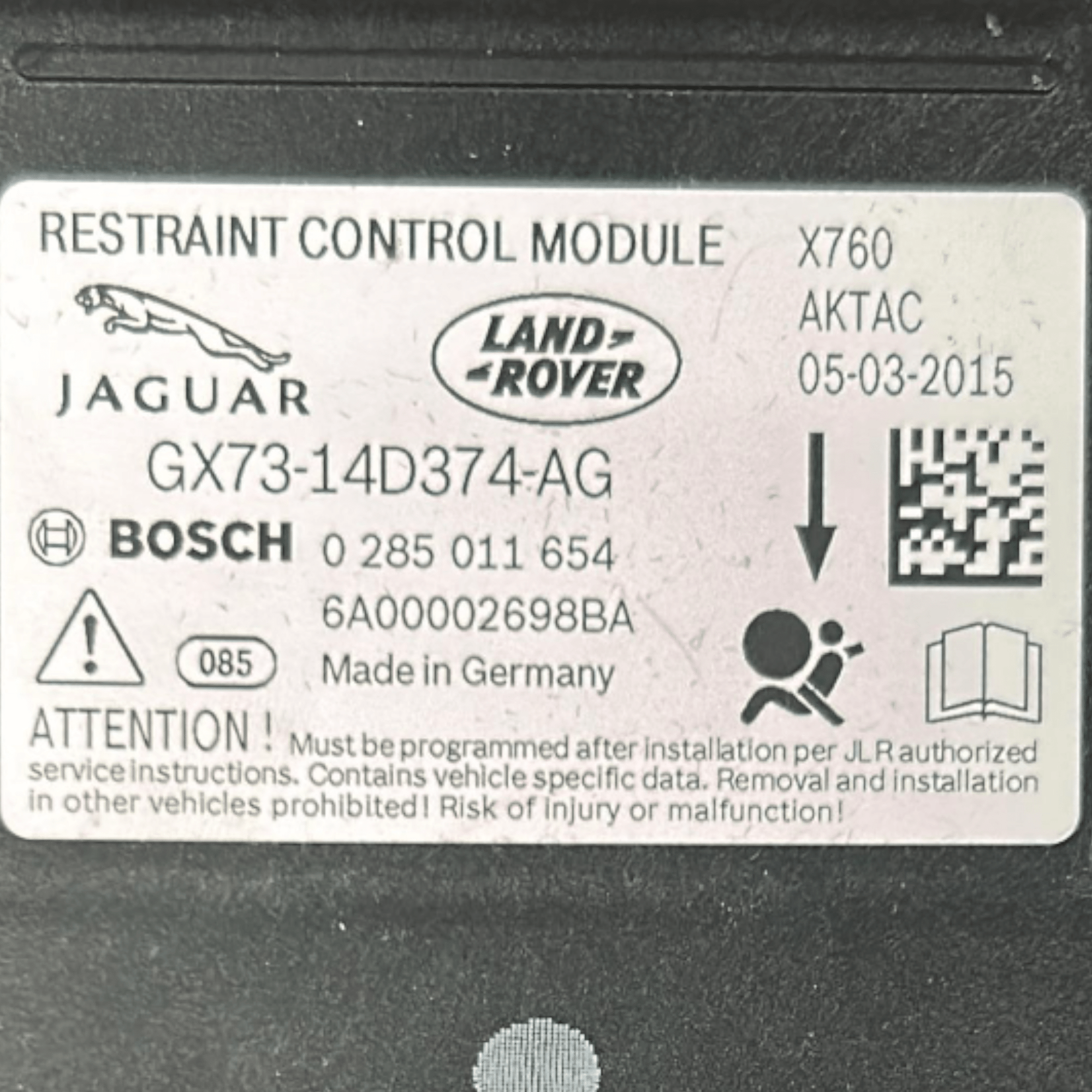 Centralina AirBag Jaguar XE (X760) cod.GX73 - 14D374 - AG (2015 > 2024) cod.0285011654 - F&P CRASH SRLS - Ricambi Usati