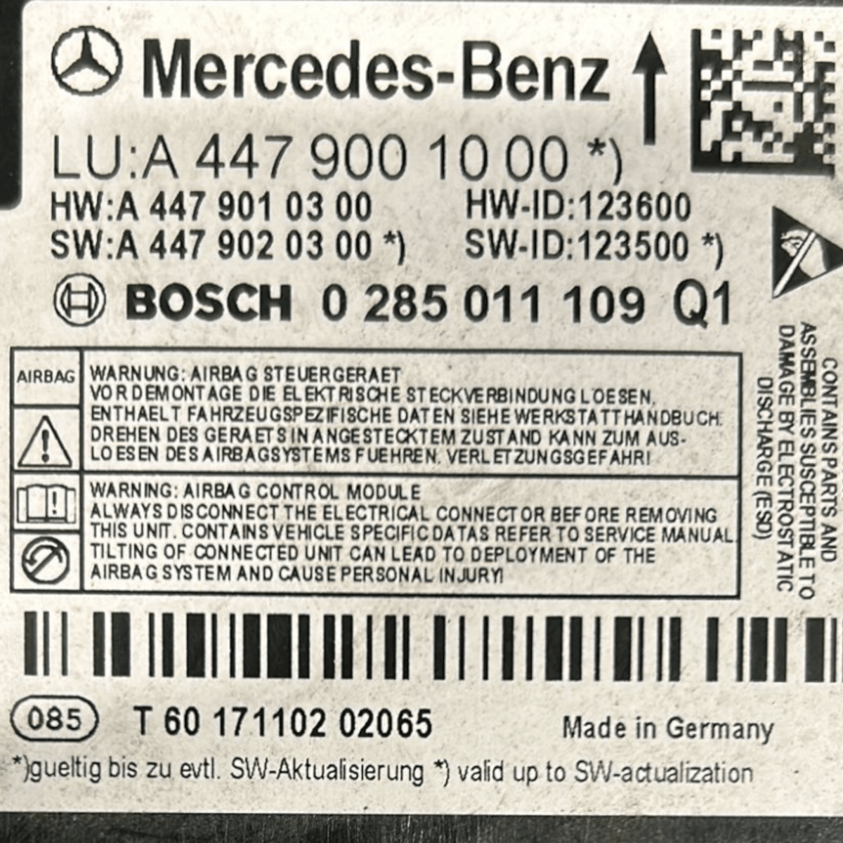 Centralina Airbag Mercedes Benz Vito cod:A4479001000 (2014 >) - F&P CRASH SRLS - Ricambi Usati