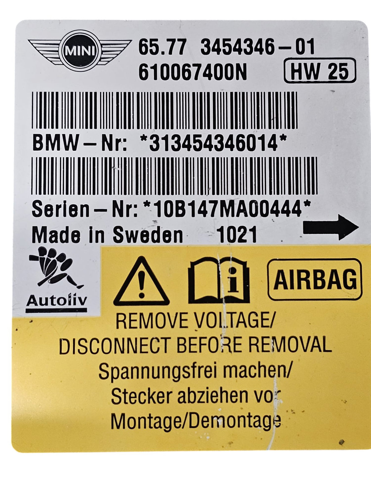 Centralina Airbag Mini Cooper R56 (2007 - 2013) Cod:313454346014 - F&P CRASH SRLS - Ricambi Usati