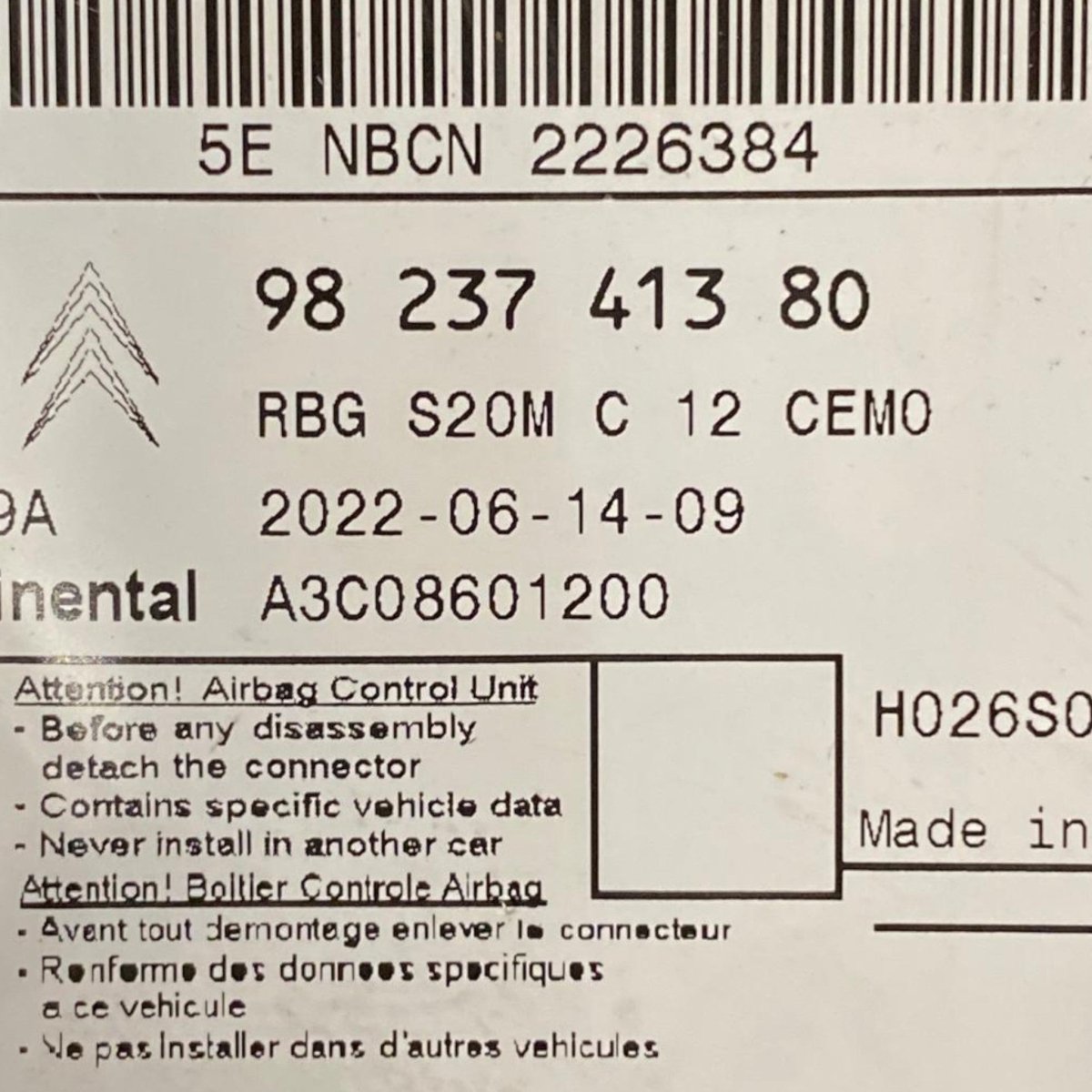 Airbag control unit Opel Corsa F (2019 - ) Code: 9823741380 - F&P CRASH SRL - Used Parts