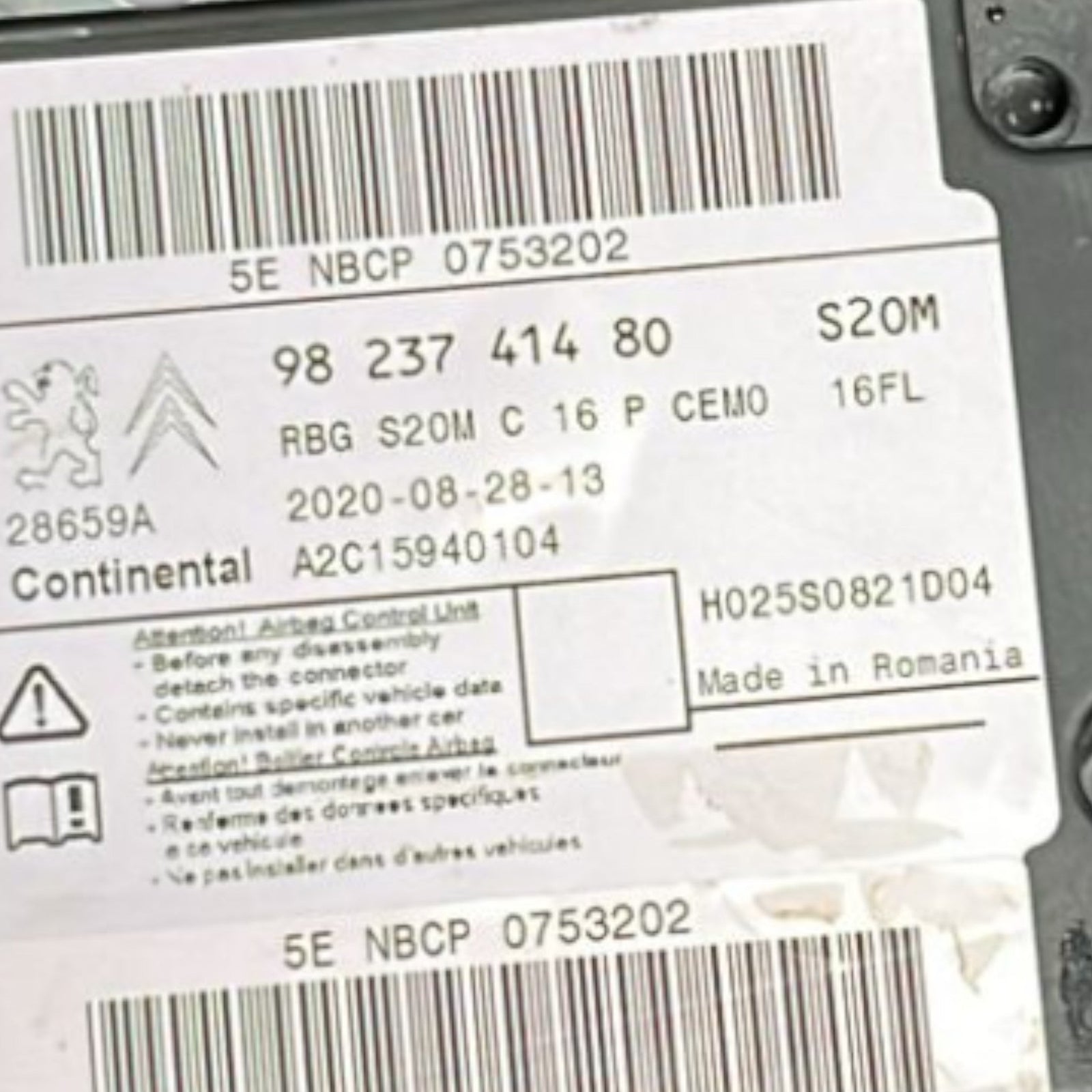 Centralina AirBag Peugeot Partner III cod:9823741480 (2018 >) - F&P CRASH SRLS - Ricambi Usati