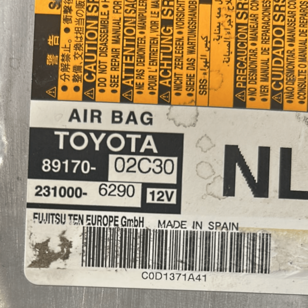 Centralina airbag toyota auris 1.8 hybrid cod:89170 - 02C30 (2012 > 2018) - F&P CRASH SRLS - Ricambi Usati
