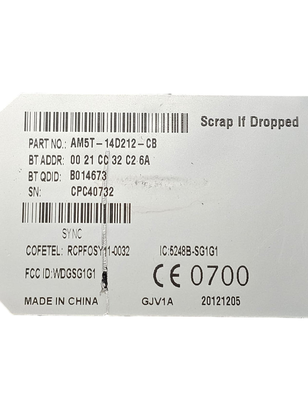 Centralina Bluetooth Ford B - Max Cod:AM5T - 14D212 - CB (2012 - 2018) - F&P CRASH SRLS - Ricambi Usati