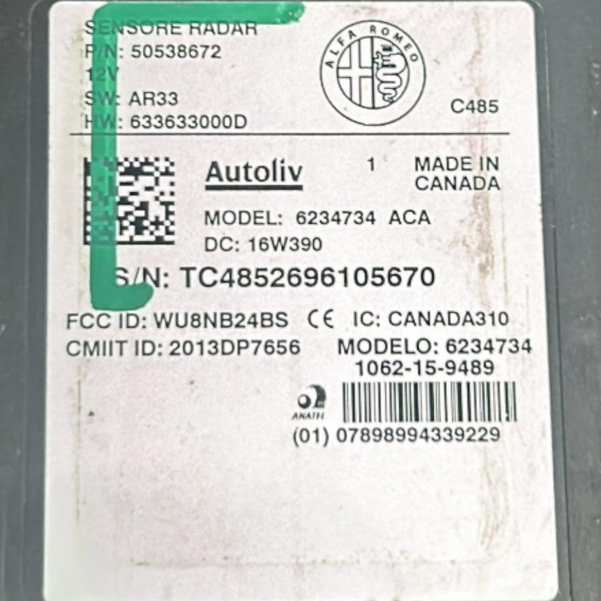 Centralina / Sensore Radar Alfa Romeo Giulia cod.50538672 2.2 Diesel (2016 > ) - F&P CRASH SRLS - Ricambi Usati