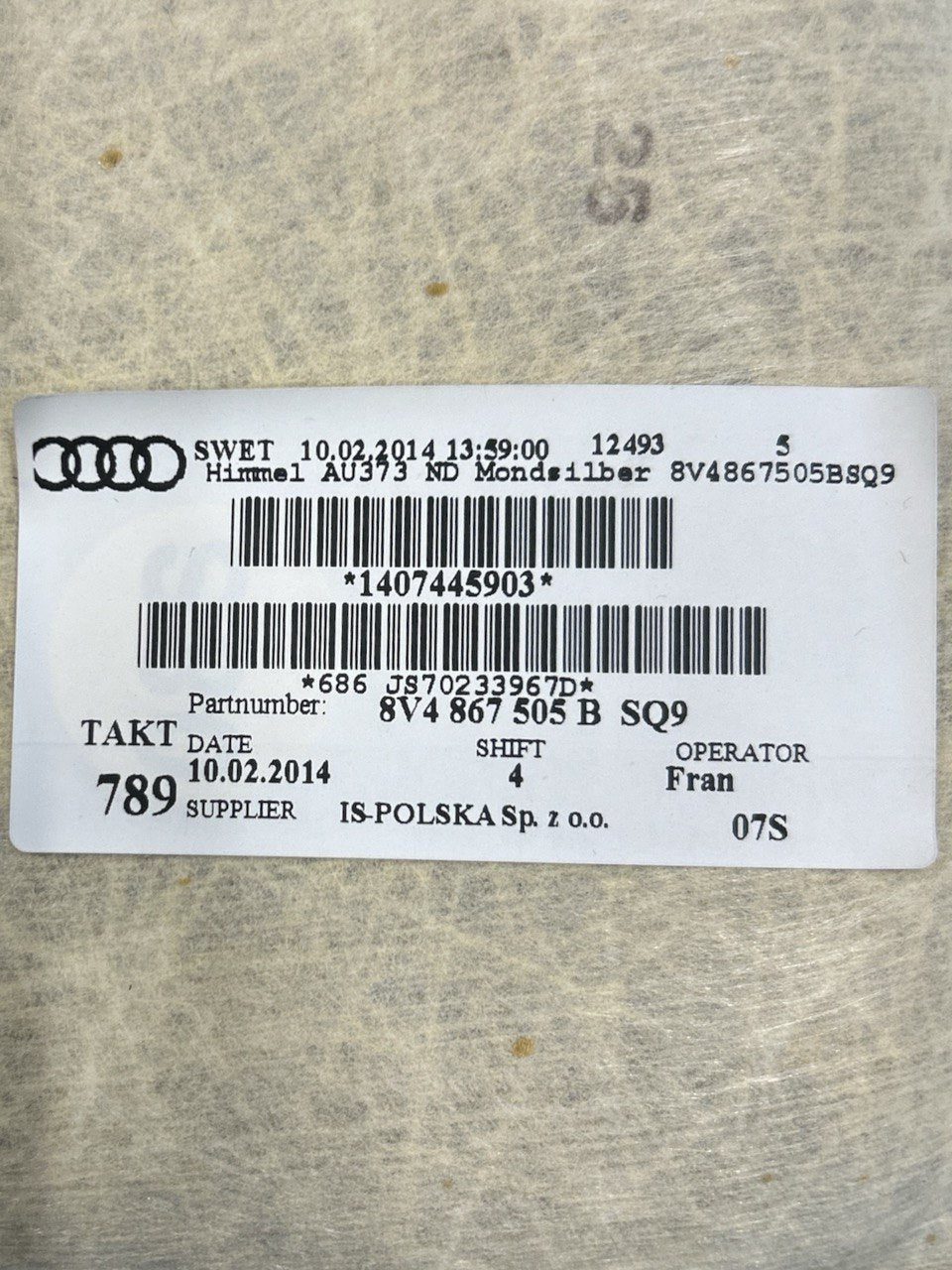 Cielo / Sotto Tetto Audi A3 (8V) (2012 > 2020) cod.8V4867505B - F&P CRASH SRLS - Ricambi Usati