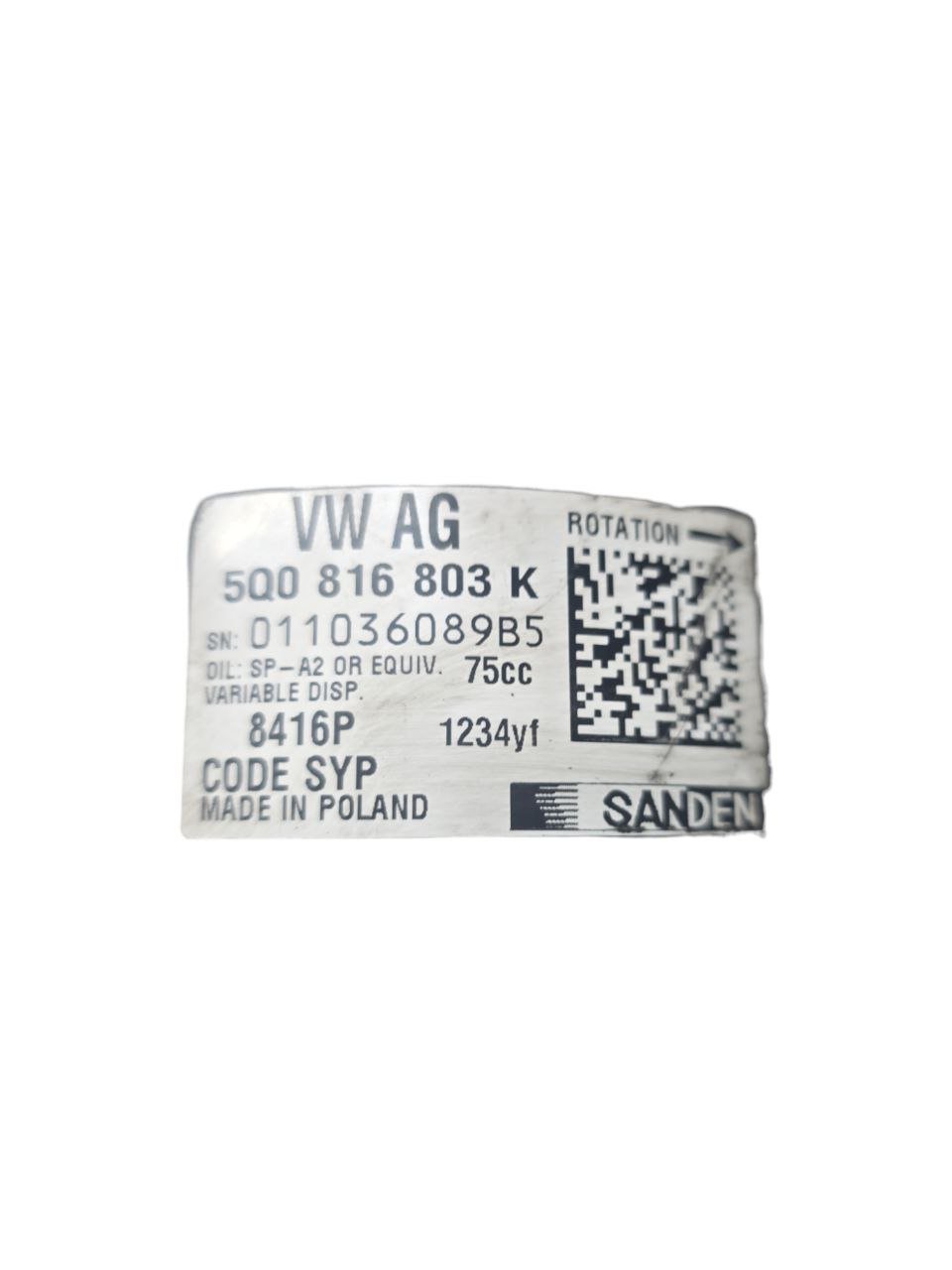 Compressore Aria Condizionata Volkswagen / Seat / Audi / Skoda 2.0 D ( 2016 ) Cod : 5Q0816803K - F&P CRASH SRLS - Ricambi Usati