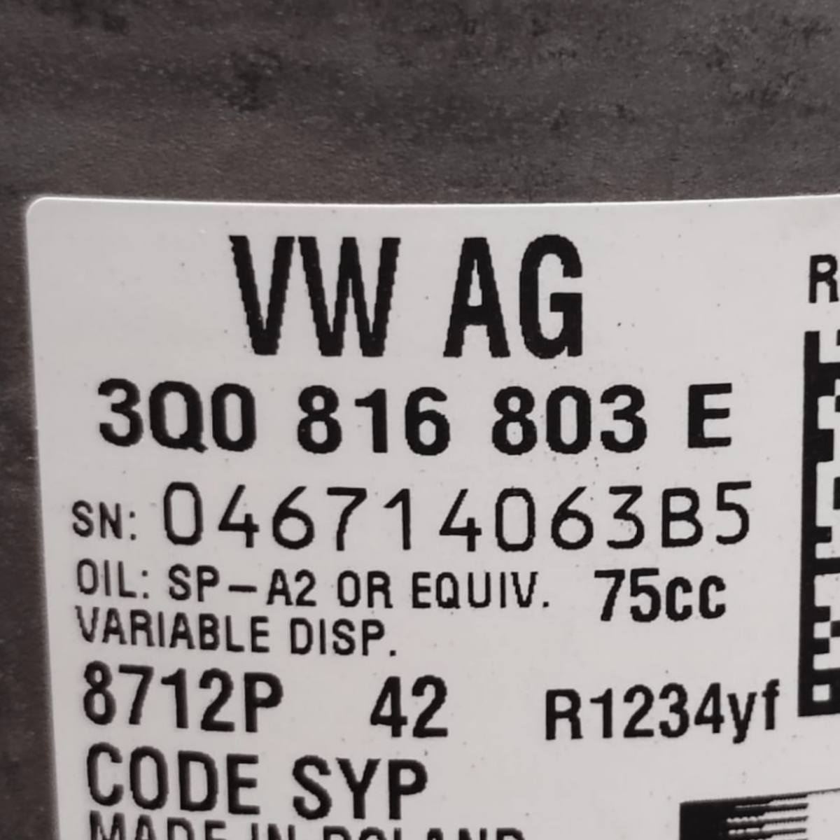 Air conditioning compressor Skoda Kamiq 1.0 petrol code: 3q0816803e (2018 - ) - F&P CRASH SRLS - Used Parts
