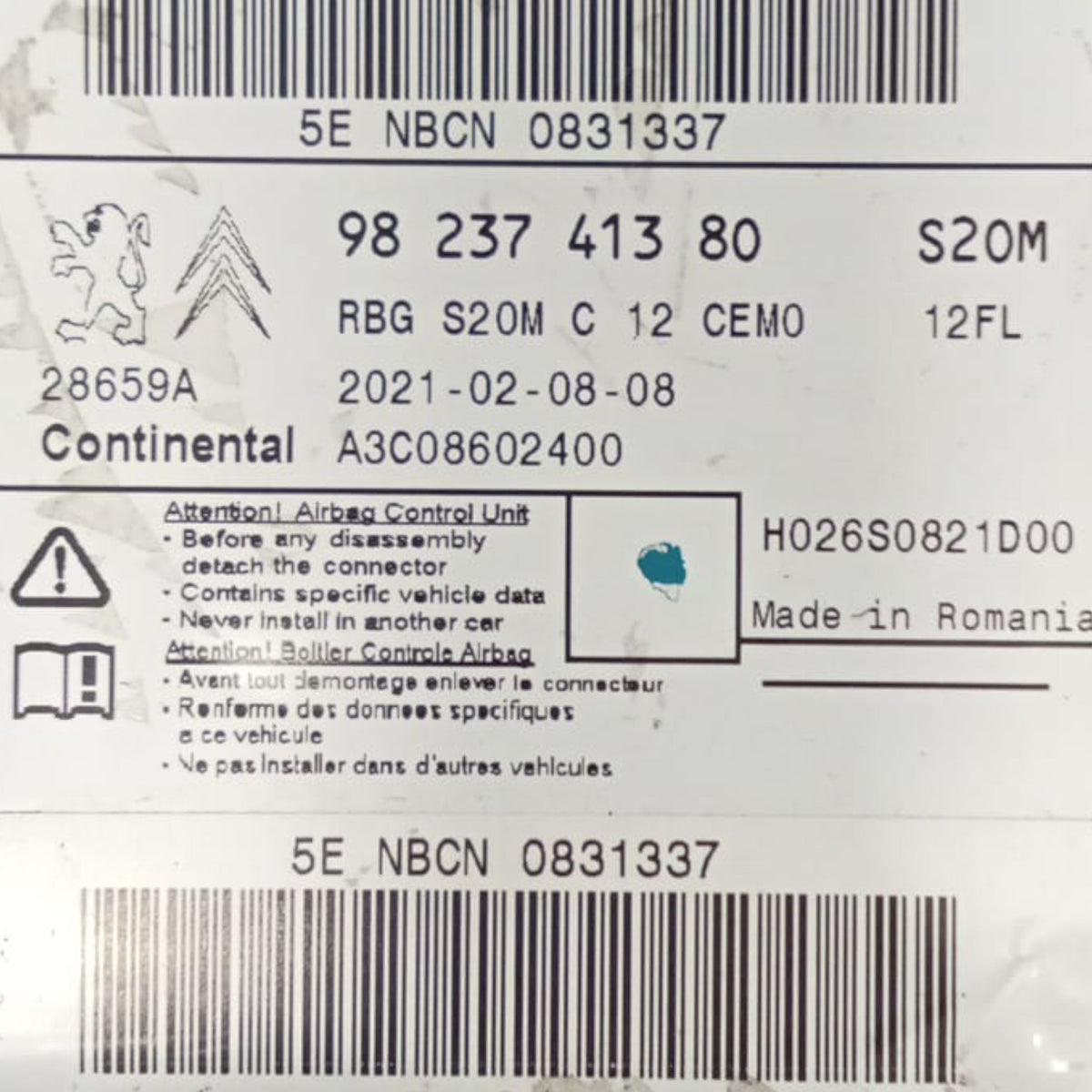 Centralina airbag peugeot 208 II cod . 9823741380 (2019 >)