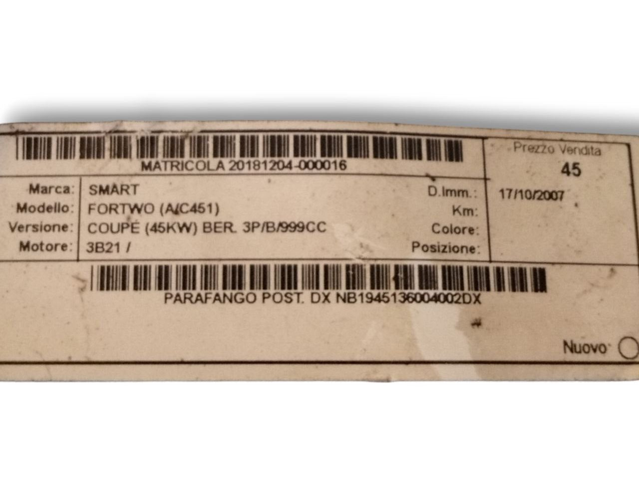 Parafango posteriore destro blu Smart Fortwo Coupé w 451 (2007 - 2015) - F&P CRASH SRLS - Ricambi Usati
